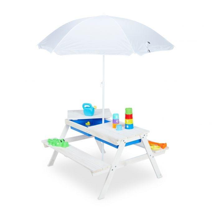B2X Weiße Sitzecke für Kinder aus Holz mit Sonnenschirm