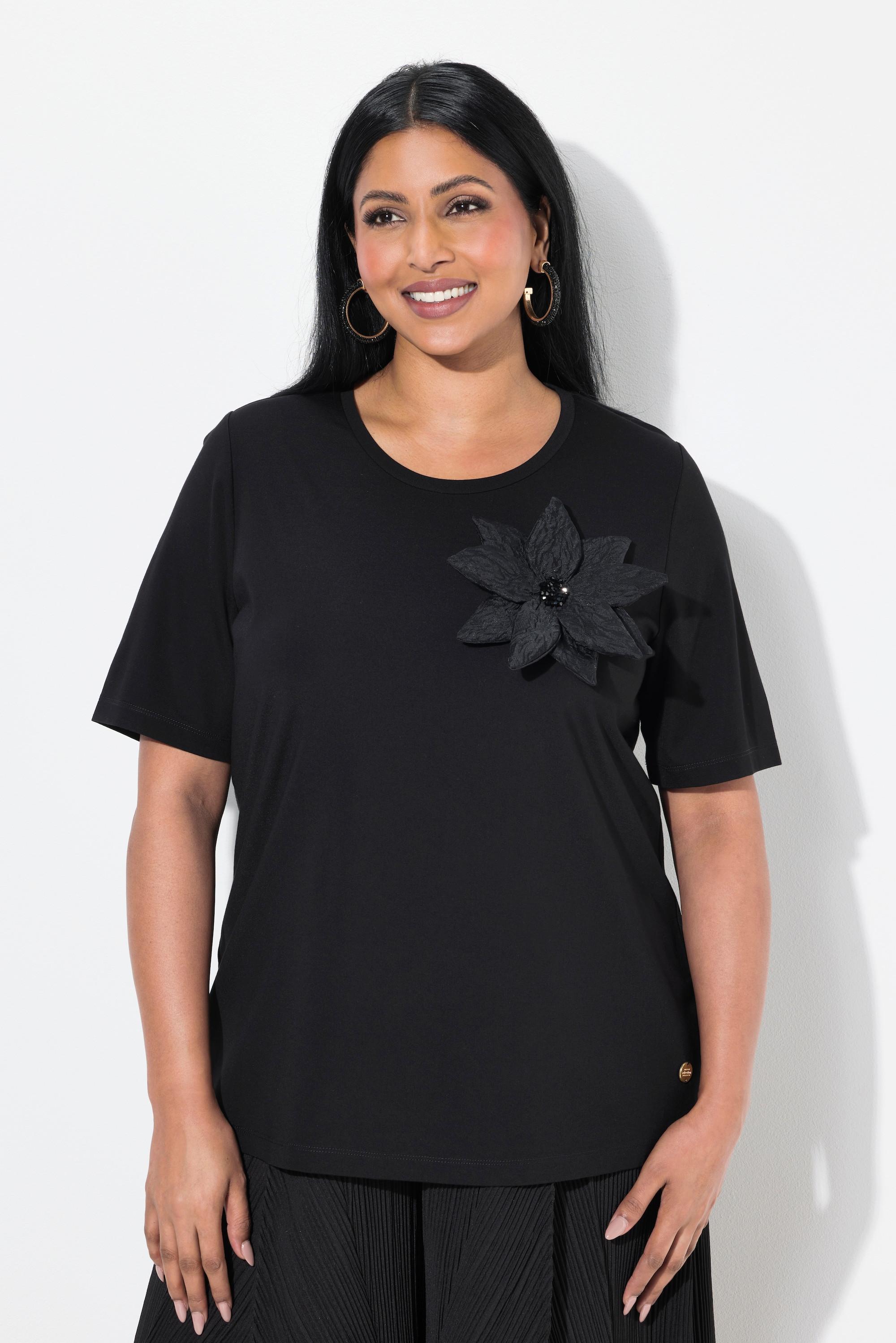 Ulla Popken T-Shirt Classic Rundhals Halbarm mit Blüten-Brosche