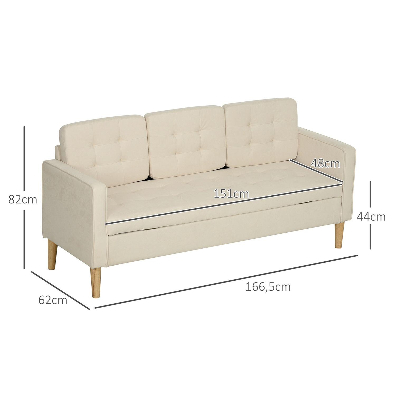 Northio 3 Sitzer Sofa, Couch mit Stauraum, Holzbeine, Gepolsterter Polstersofa mit Samtoptik für Wohnzimmer, Schlafzimmer, 166,5 x 62 x 82 cm, Cremeweiß