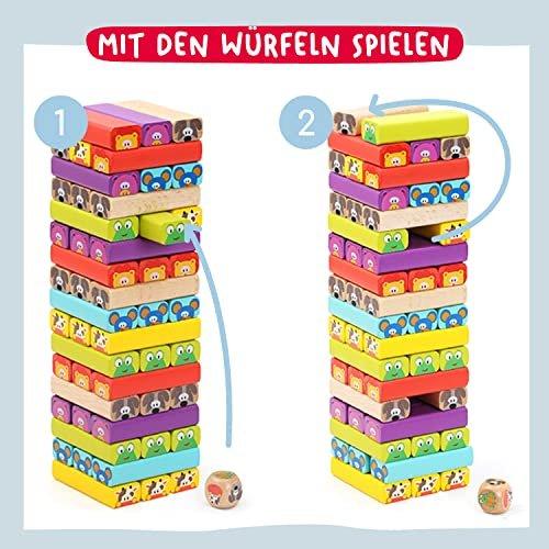 Activity-board Pädagogisches Kinderspiel ab 3 Jahre - Wackelturm 4 in 1 aus Holz mit Farben und Tieren