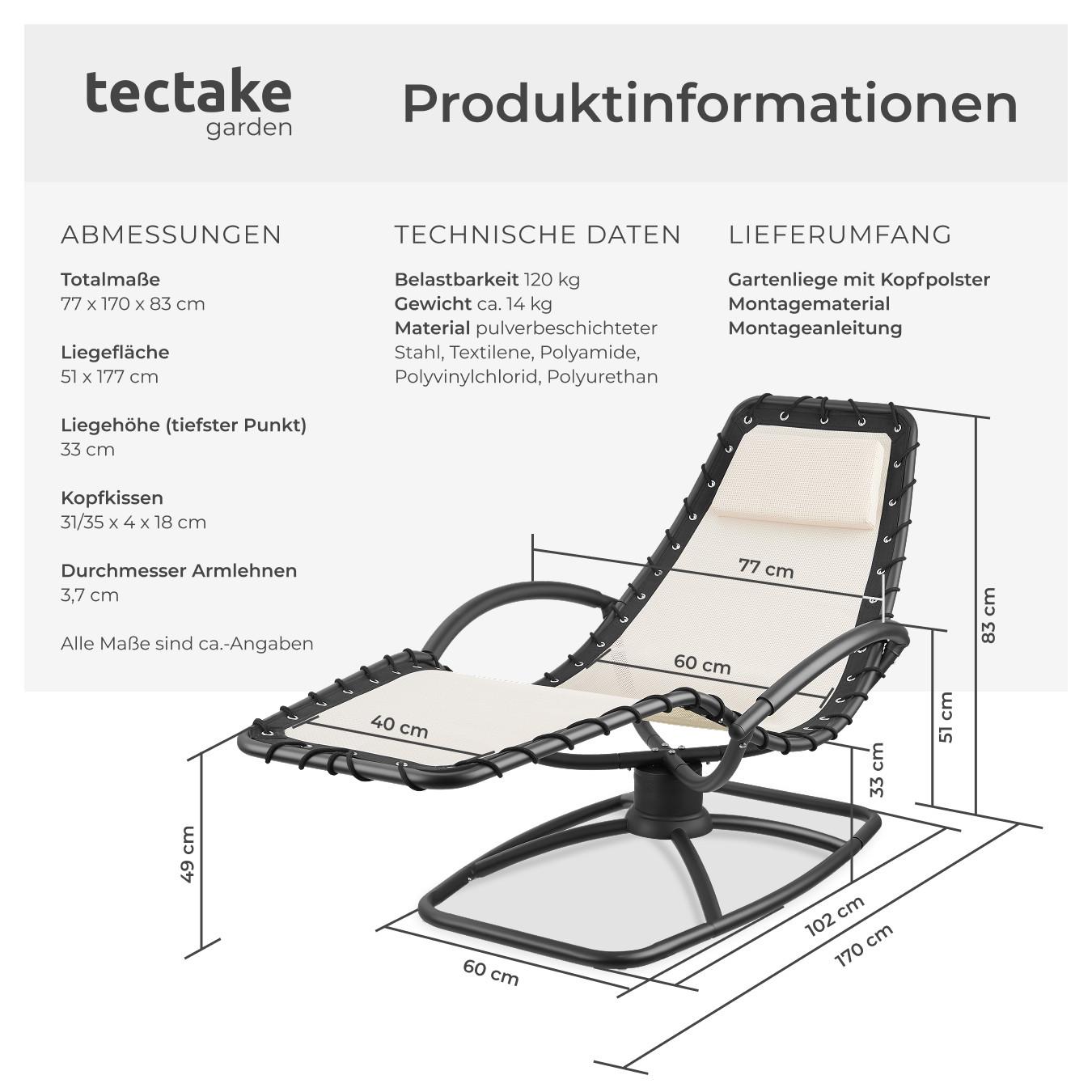 Tectake Gartenliege bequeme Armlehnen mit Schaumstoffpolsterung