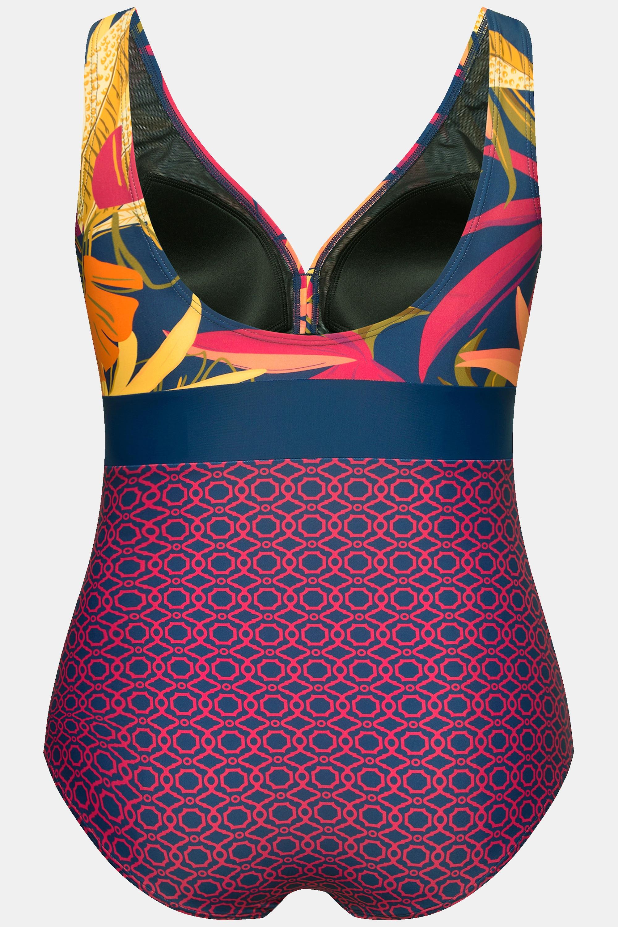 Ulla Popken Badeanzug, Blätter, Softcups, Vorderfutter, recycelt