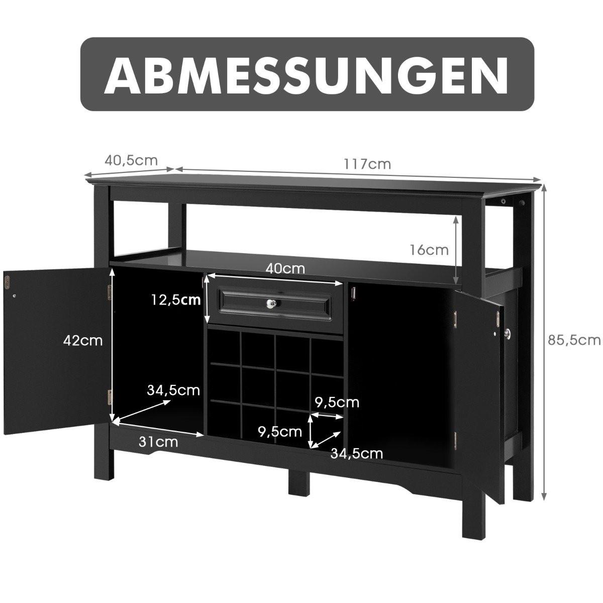 B2X Modernes Esszimmerbuffet mit Weinregal und Schränken & Schublade 117 x 40,5 x 82,5 cm Schwarz