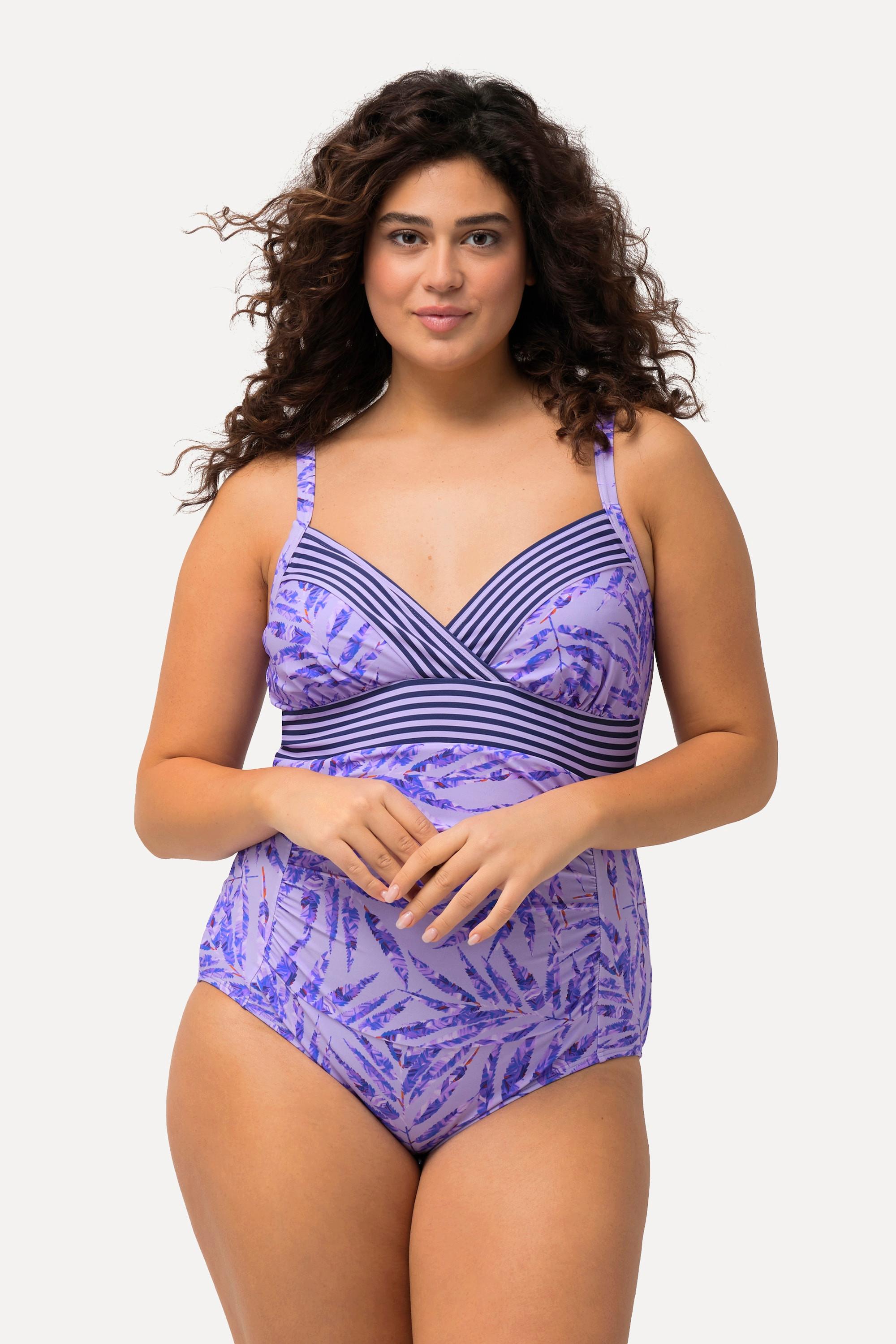 Ulla Popken Badeanzug, Palmen, Streifen, Softcups, recycelt