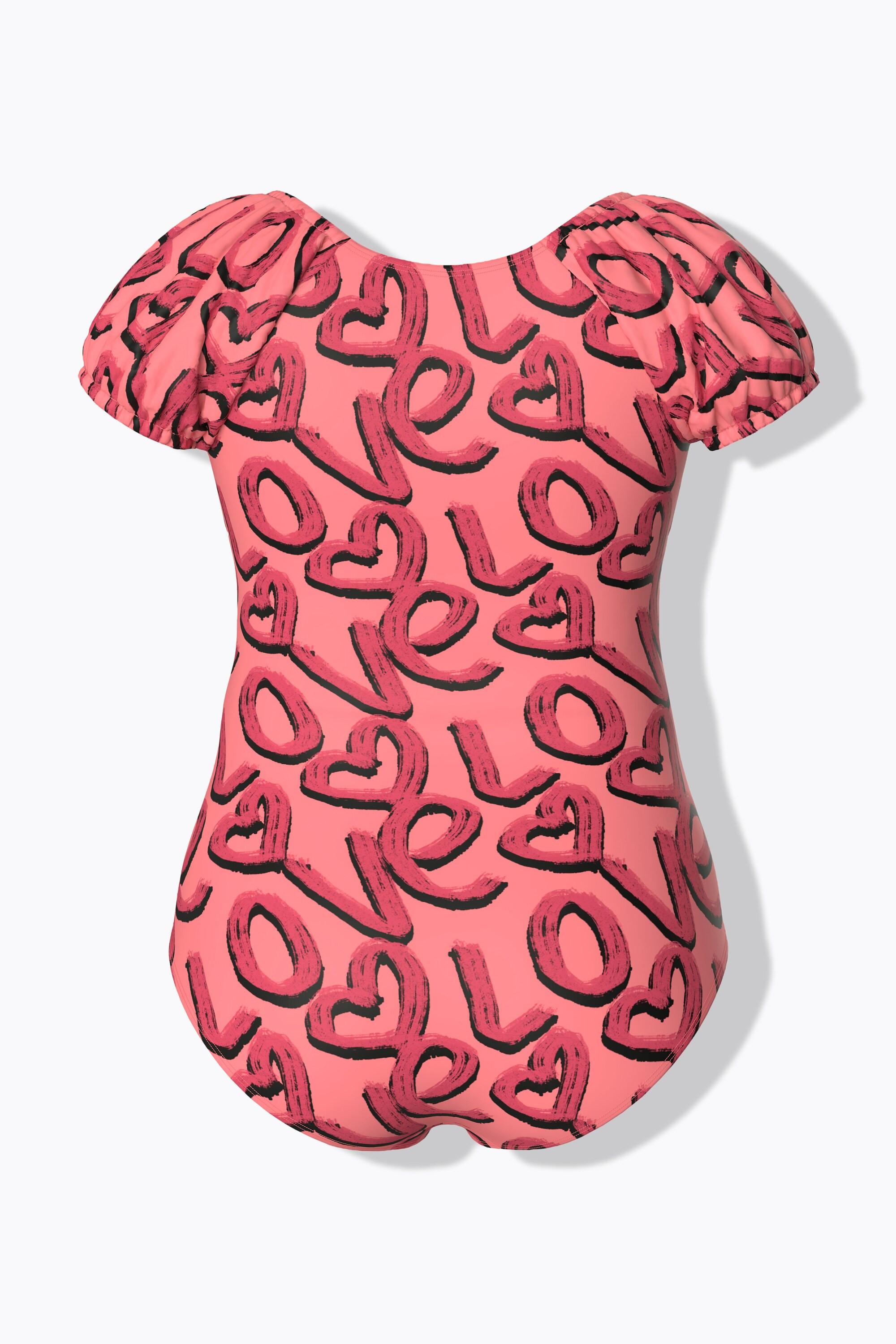 Ulla Popken Badeanzug, Love-Muster, Softcups, Puffärmel, recycelt