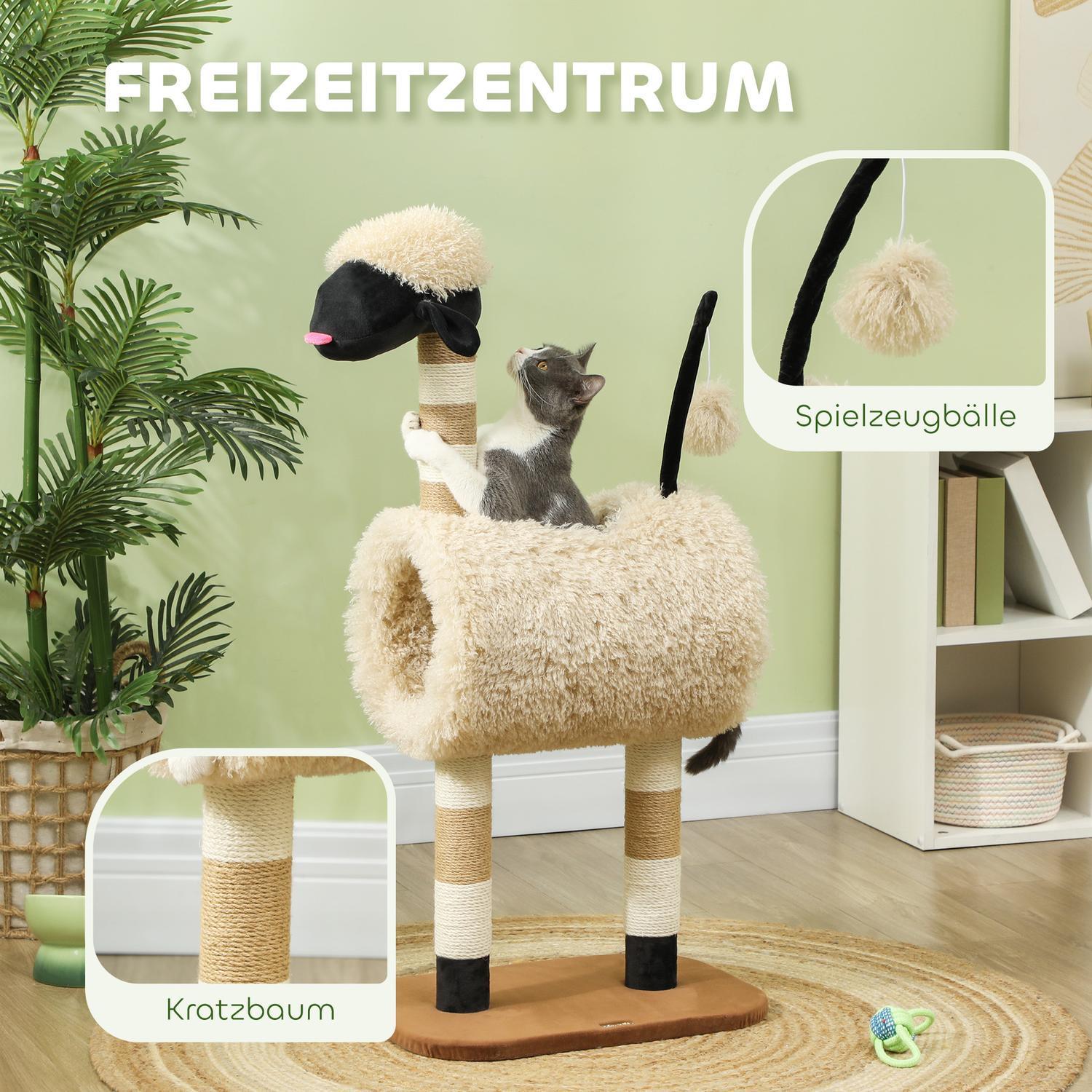 Northio Kratzbaum 98 cm Katzenbaum mit Kratzpfosten, Tunnel, Spielball, Katzenkratzbaum im Schaf-Design, für Katzen bis 5 kg, Hellbraun