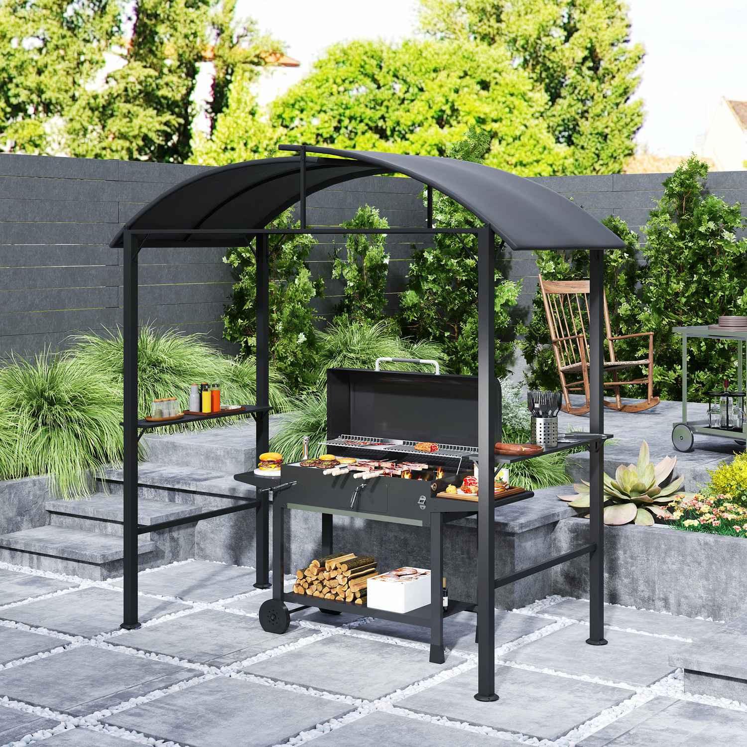 Northio Grillpavillon 233 x 110 x 235 cm winddicht Gartenpavillon mit Doppeldach,Regalen, Gartenlauben mit UV-Schutz, BBQ Pavillon aus Stahl, Gartenzelt Grillzelt für Party BBQ, Dunkelgrau Aosom