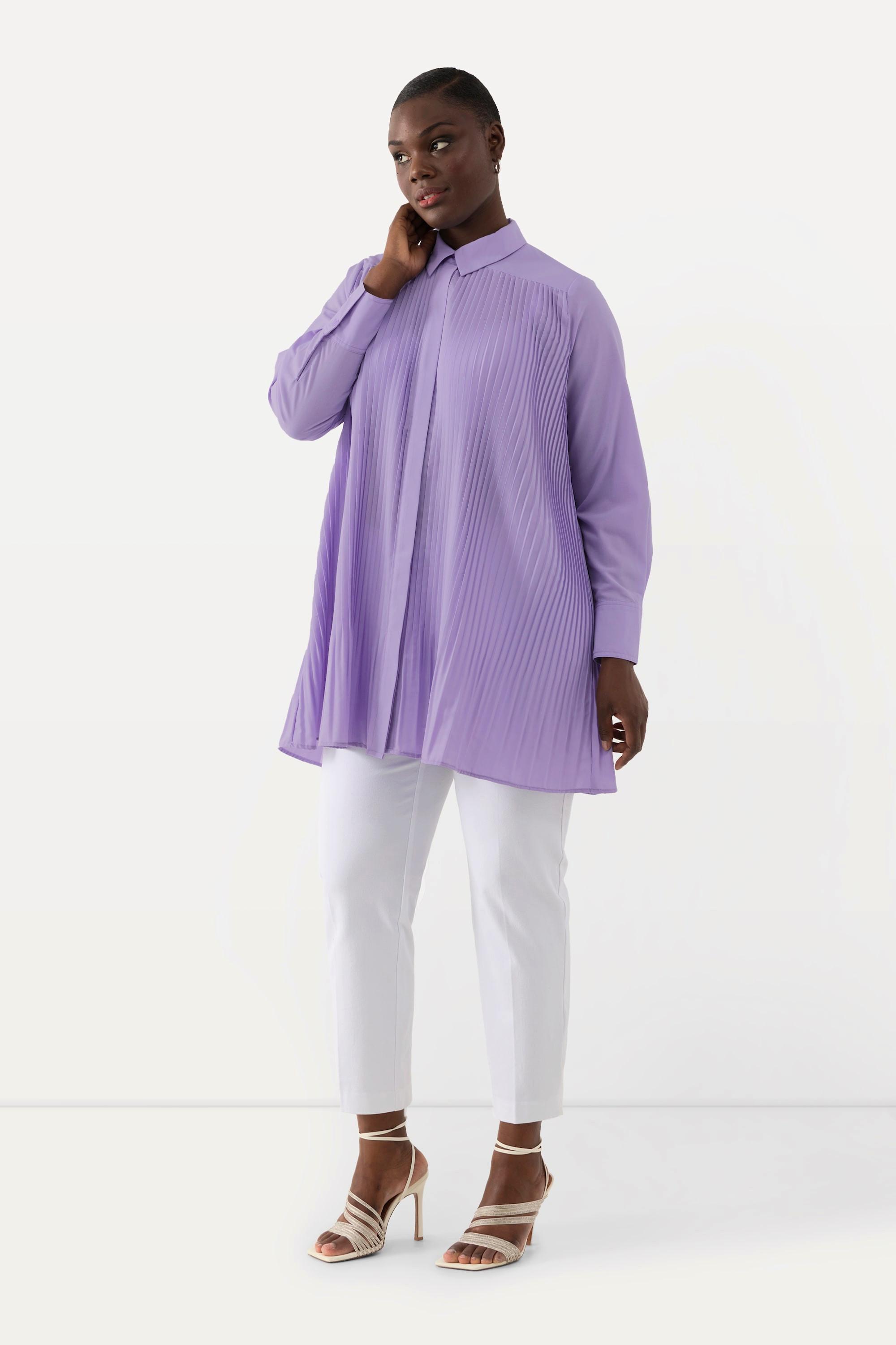 Ulla Popken Plissee A-Linie Langarm Bluse mit Hemdkragen