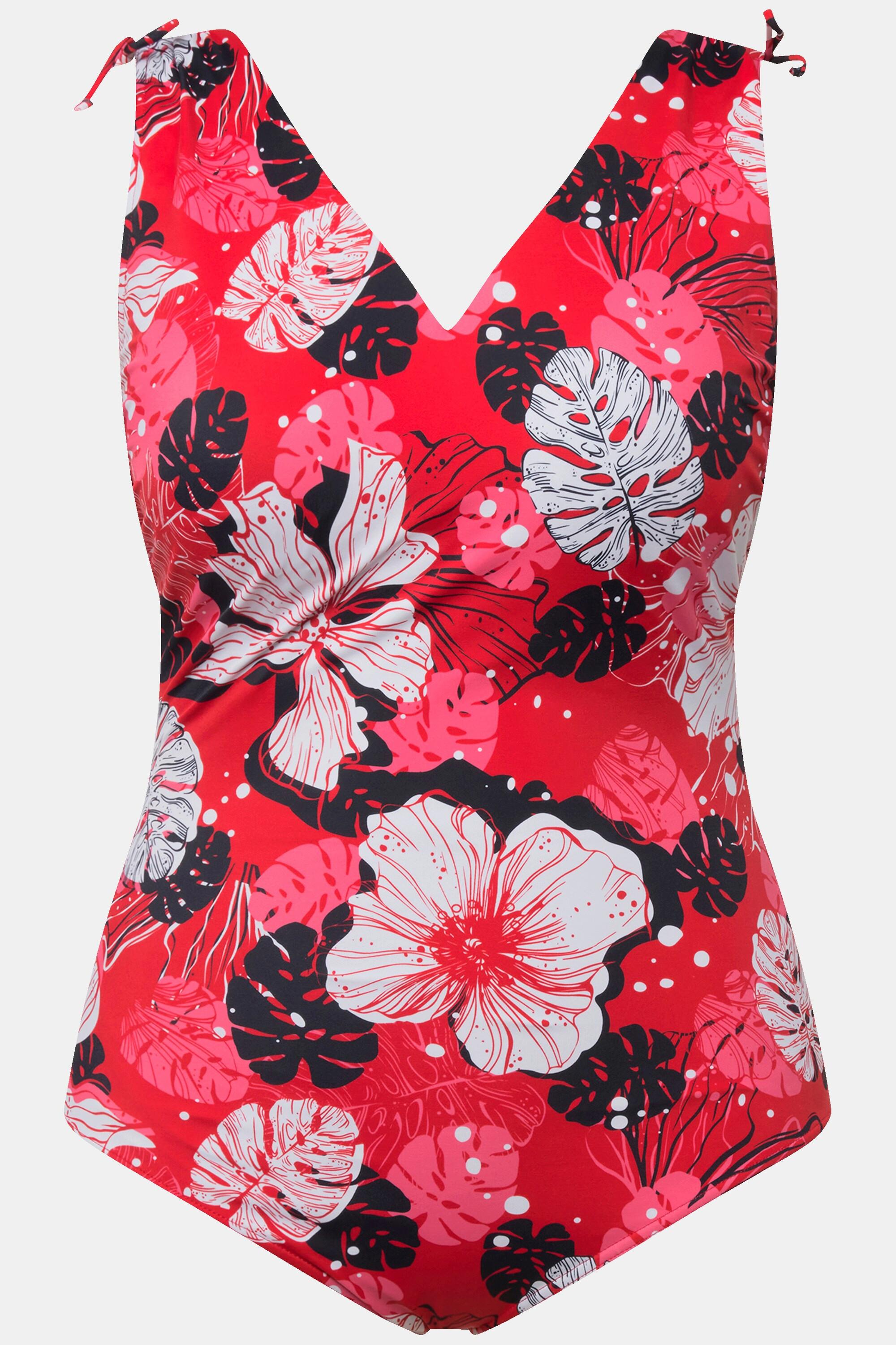 Ulla Popken Badeanzug, Hawaiiblüten, Softcups, V-Ausschnitt