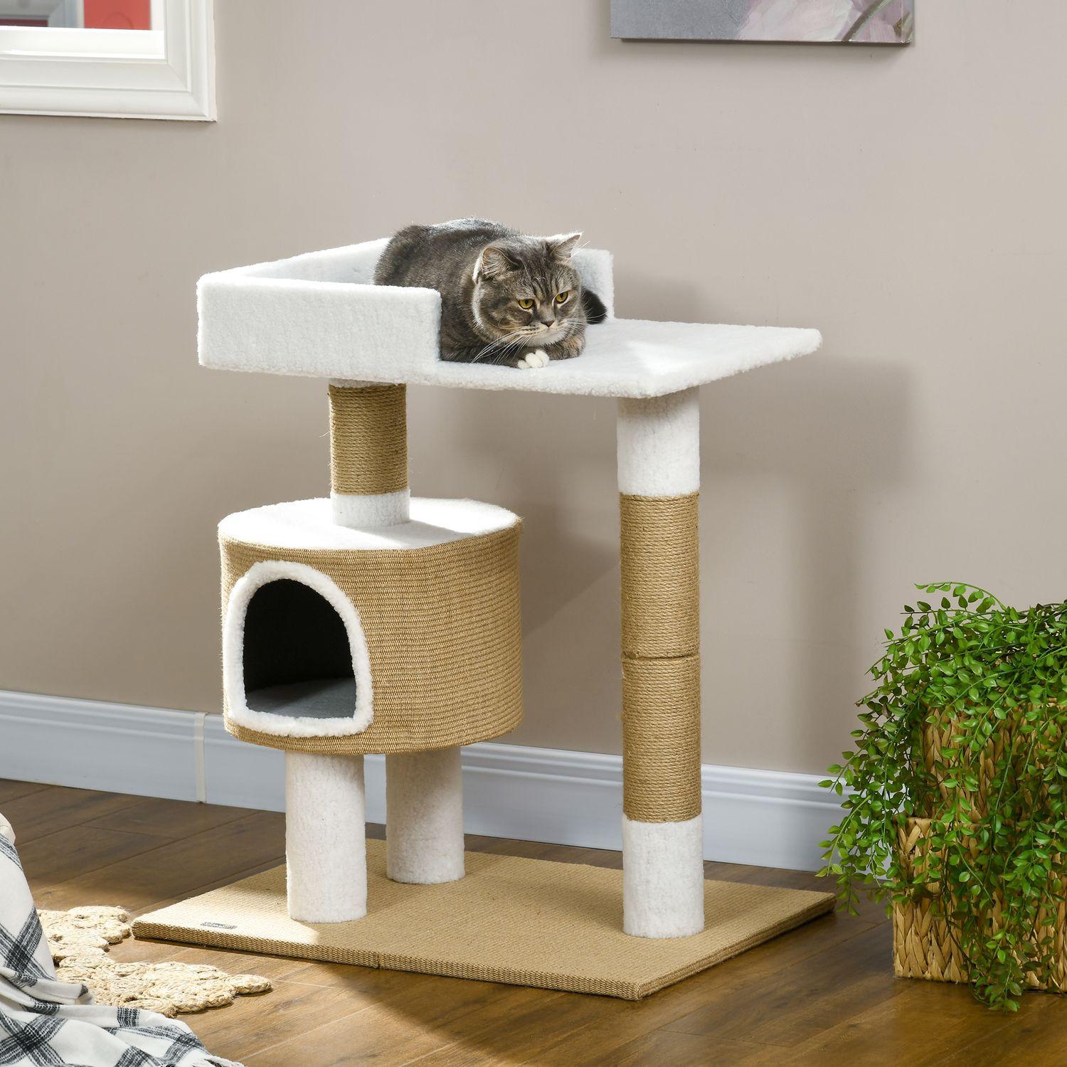 Northio Kratzbaum 79Cm Kleiner Katzenbaum Mit Katzenhöhle & Liegefläche, Für Katzen Bis 8Kg, Jute, Braun/Weiß