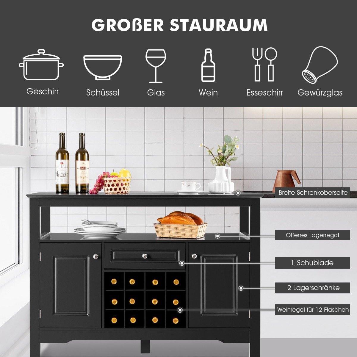 B2X Modernes Esszimmerbuffet mit Weinregal und Schränken & Schublade 117 x 40,5 x 82,5 cm Schwarz