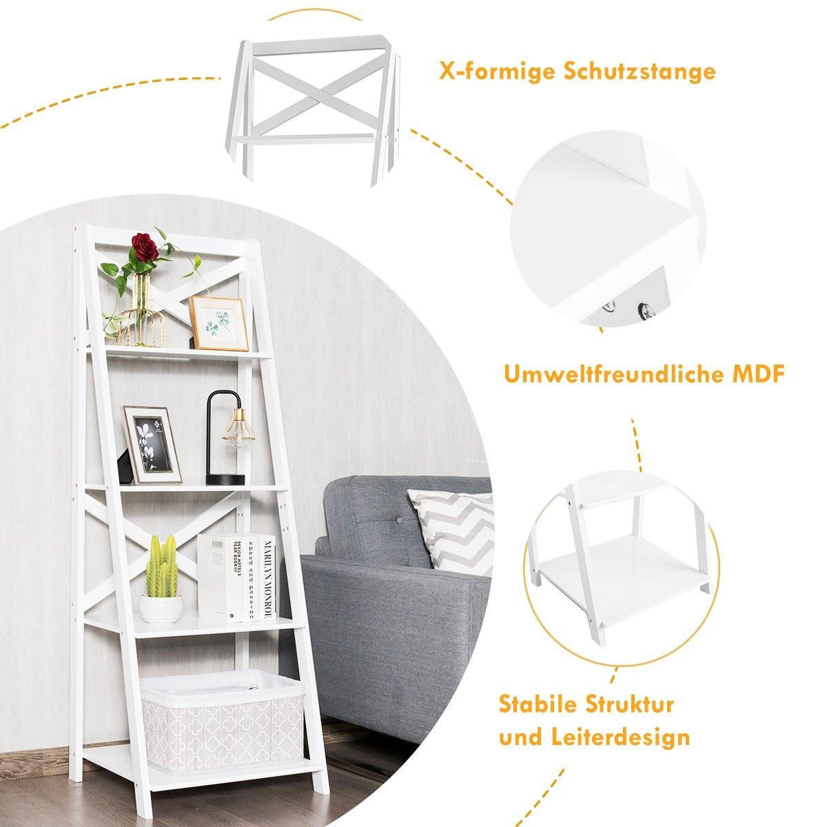 B2X 4-stufiges Leiterregal Eckregal aus Holz mit Querstange Weiß