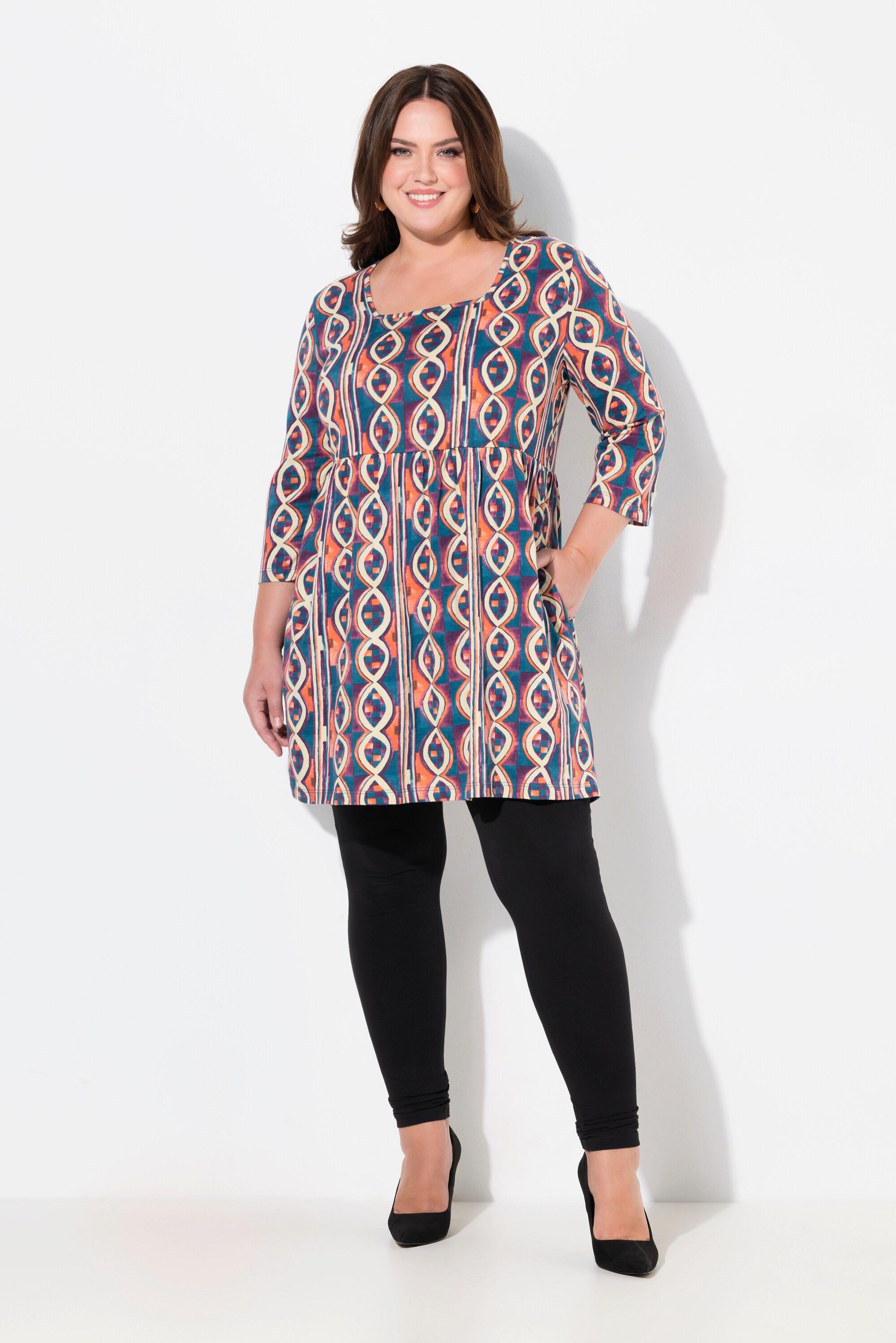 Ulla Popken Bedrucktes A-Linien V-Ausschnitt 3/4-Arm Longshirt