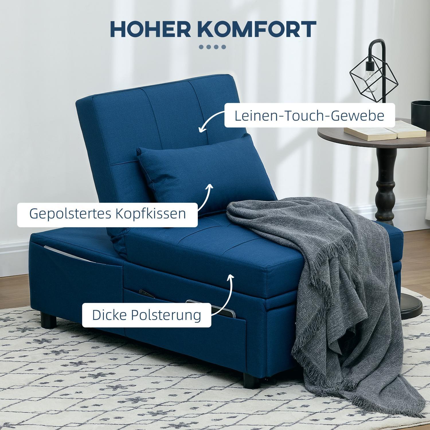 Northio 3-in-1 Schlafsessel mit Bettfunktion, ausziehbares Schlafsofa, Schlafstuhl mit Seitentasche, Verstellbarer Rückenlehne, bis 150 kg belastbar, für Wohnzimmer,Schlafzimmer, Blau
