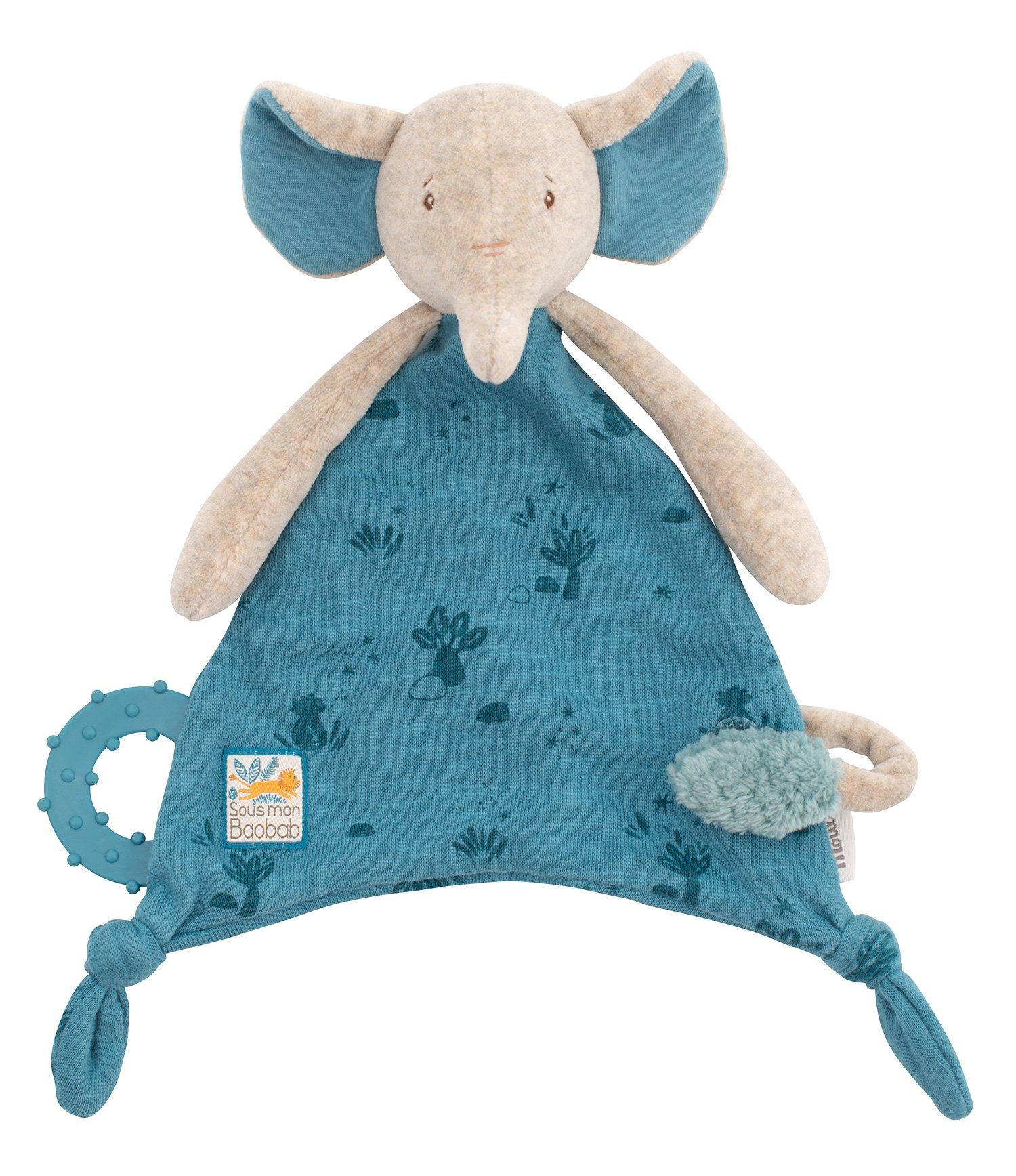 Moulin Roty Sous mon Baobab, Kuscheltuch Elefant mit Nuggihalterung und Silikonring