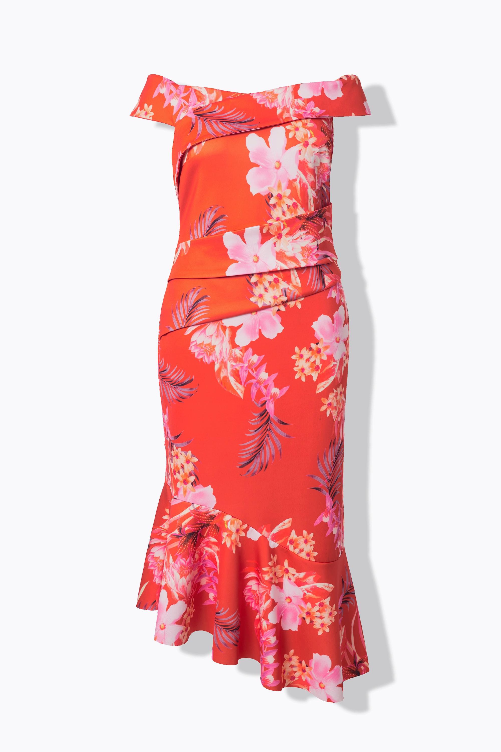 Ulla Popken Scuba Maxikleid mit Blumenmuster Carmenausschnitt und Drapierung