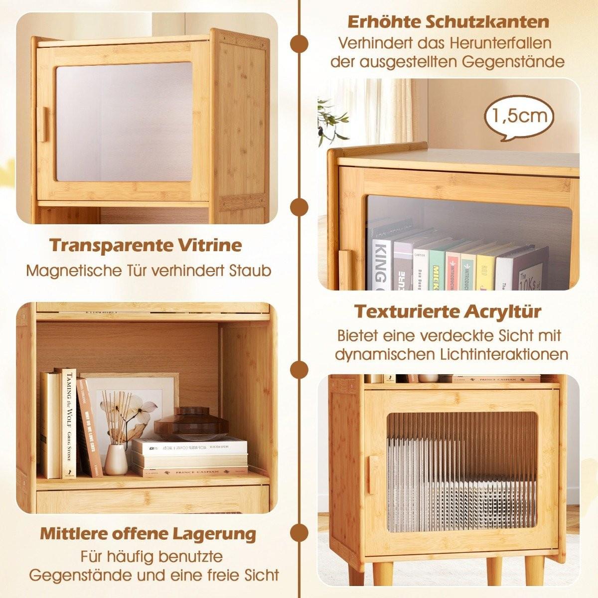 B2X Küchenschrank aus Bambus 3-stöckiger Buffetschrank mit 2 Acryltüren Natur 49,5 x 40 x 130 cm