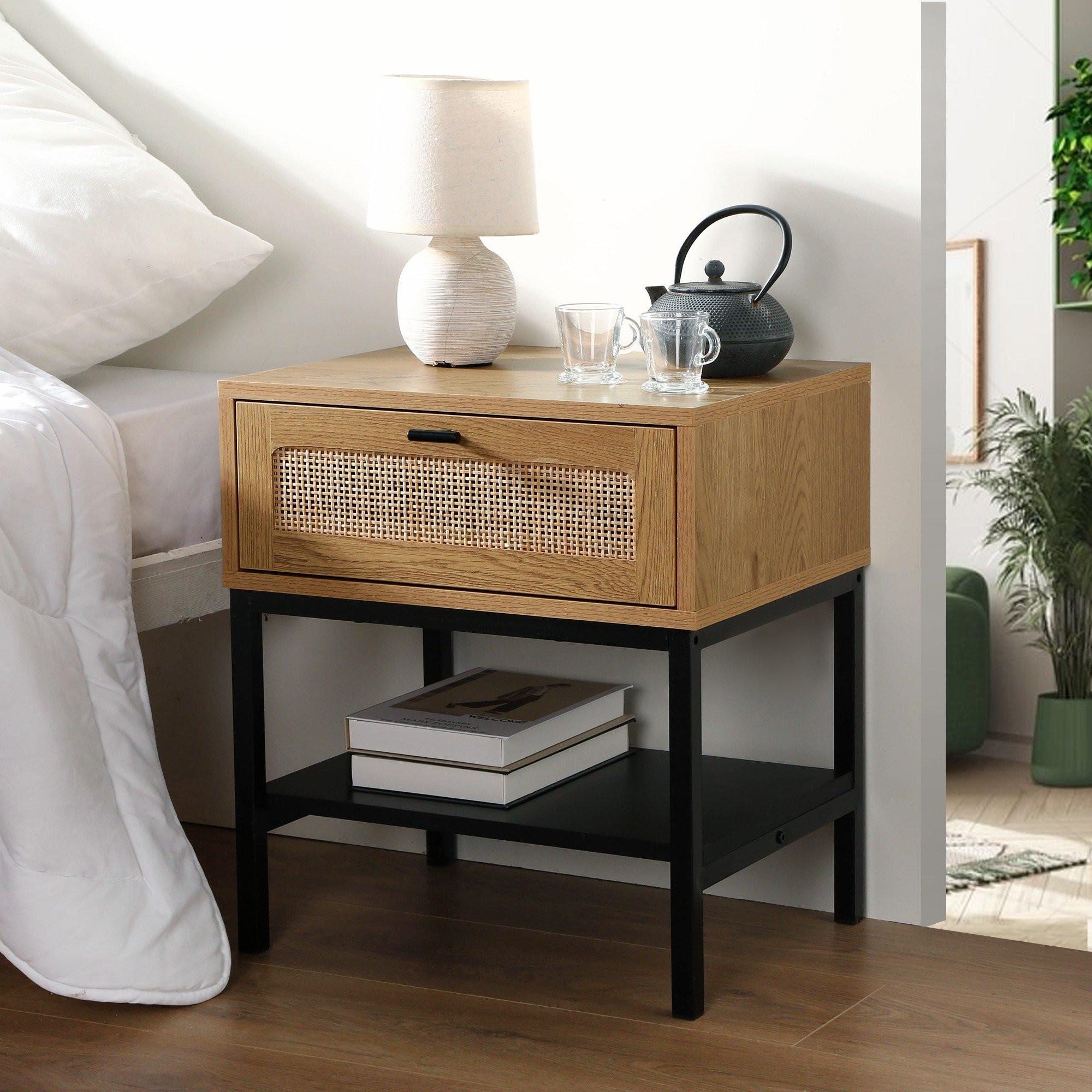 Calicosy Nachttisch mit Rattanfront, Schublade und einem Regal H50 cm - JAYA
