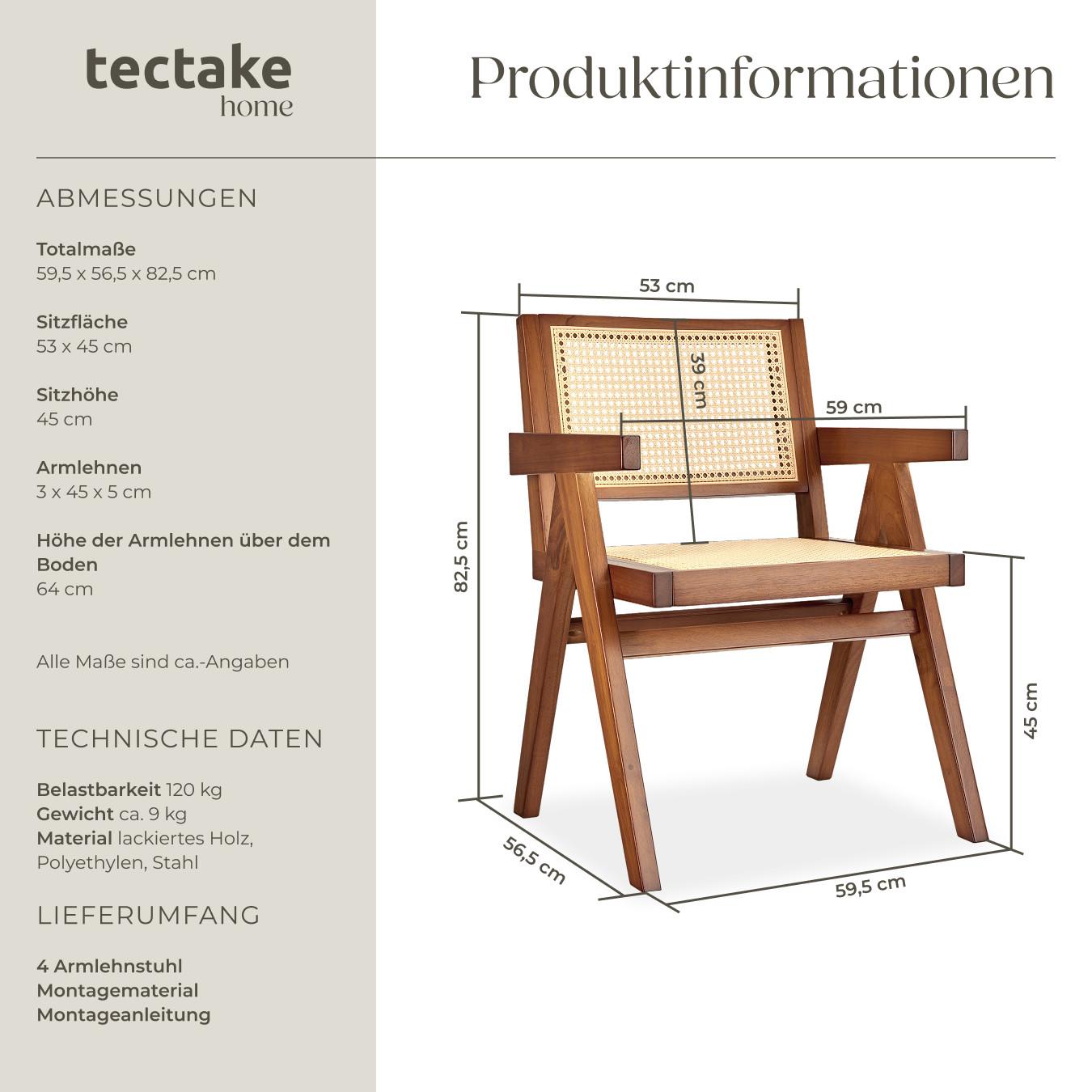 Tectake Armlehnstuhl Retro-Design im 50er Jahre-Stil grosse Rückenlehne und Sitzfläche mit Wiener Geflecht