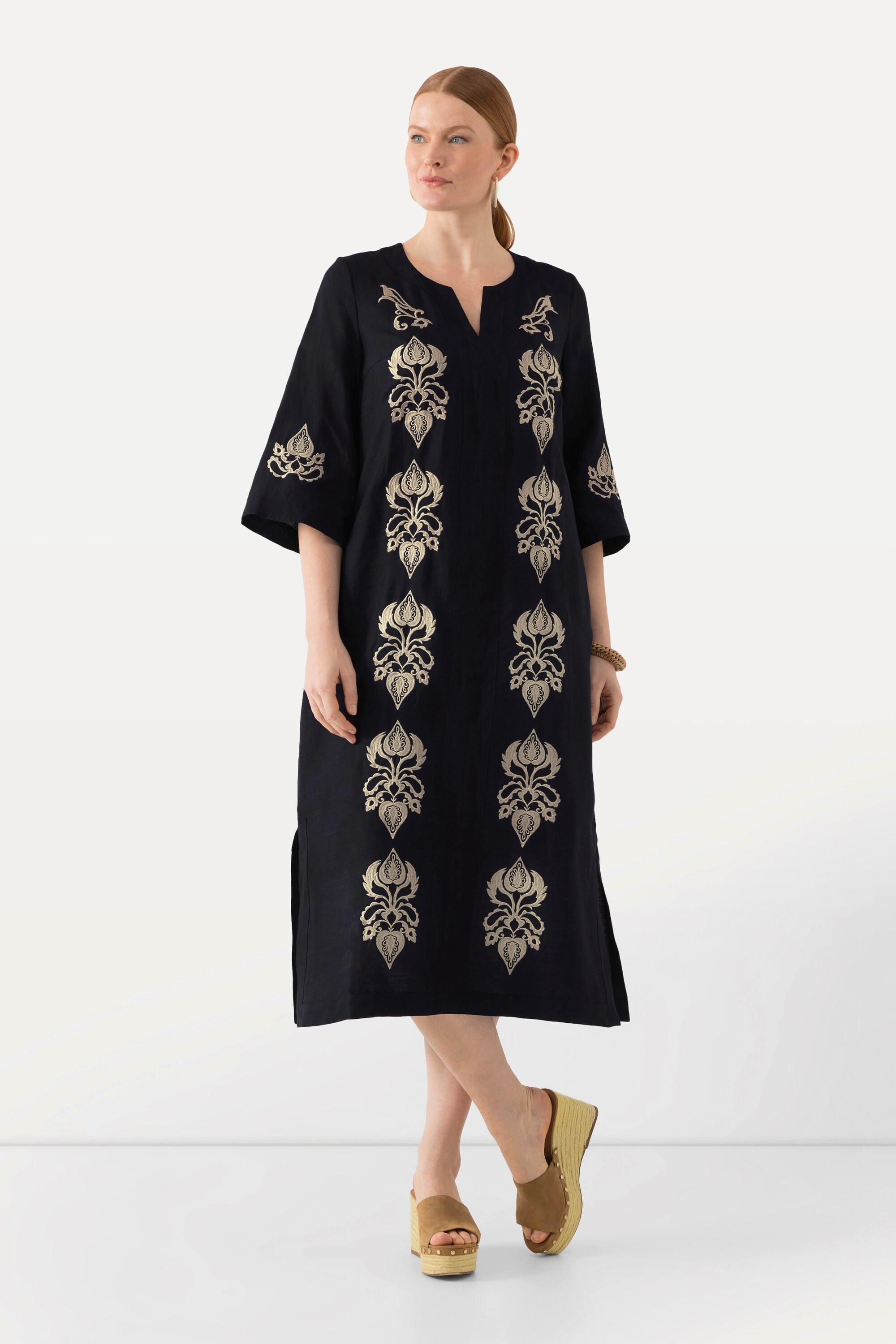 Ulla Popken Leinen Maxikleid Stickerei Tunika Ausschnitt 3/4 Arm