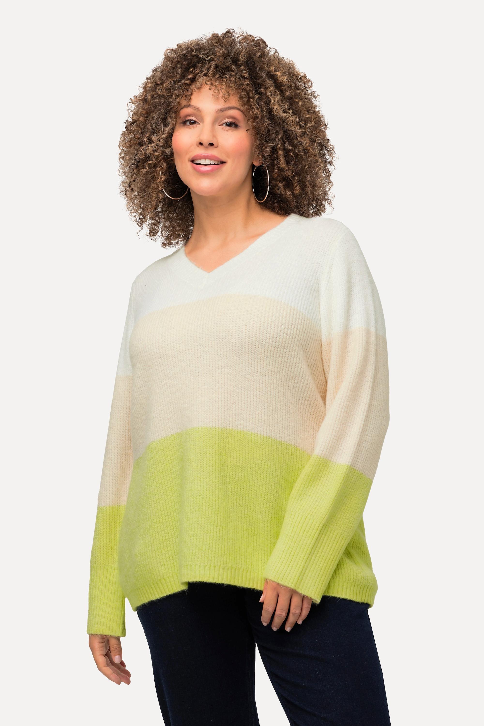 Ulla Popken Pullover, Blockstreifen, V-Ausschnitt, Langarm