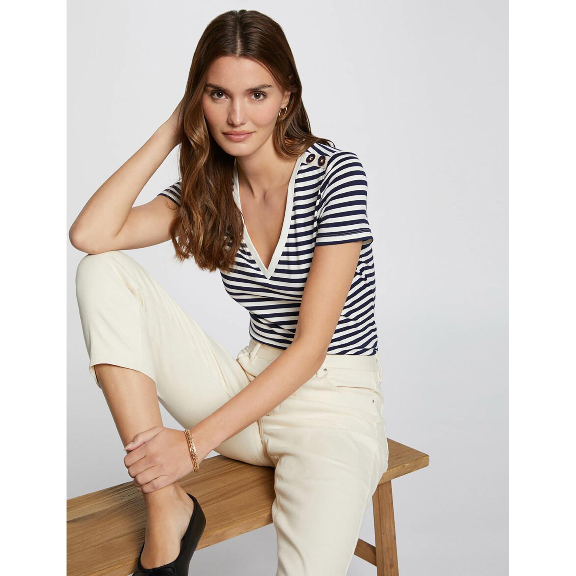 MORGAN Gestreiftes Kurzarm T-Shirt mit Zierknöpfen