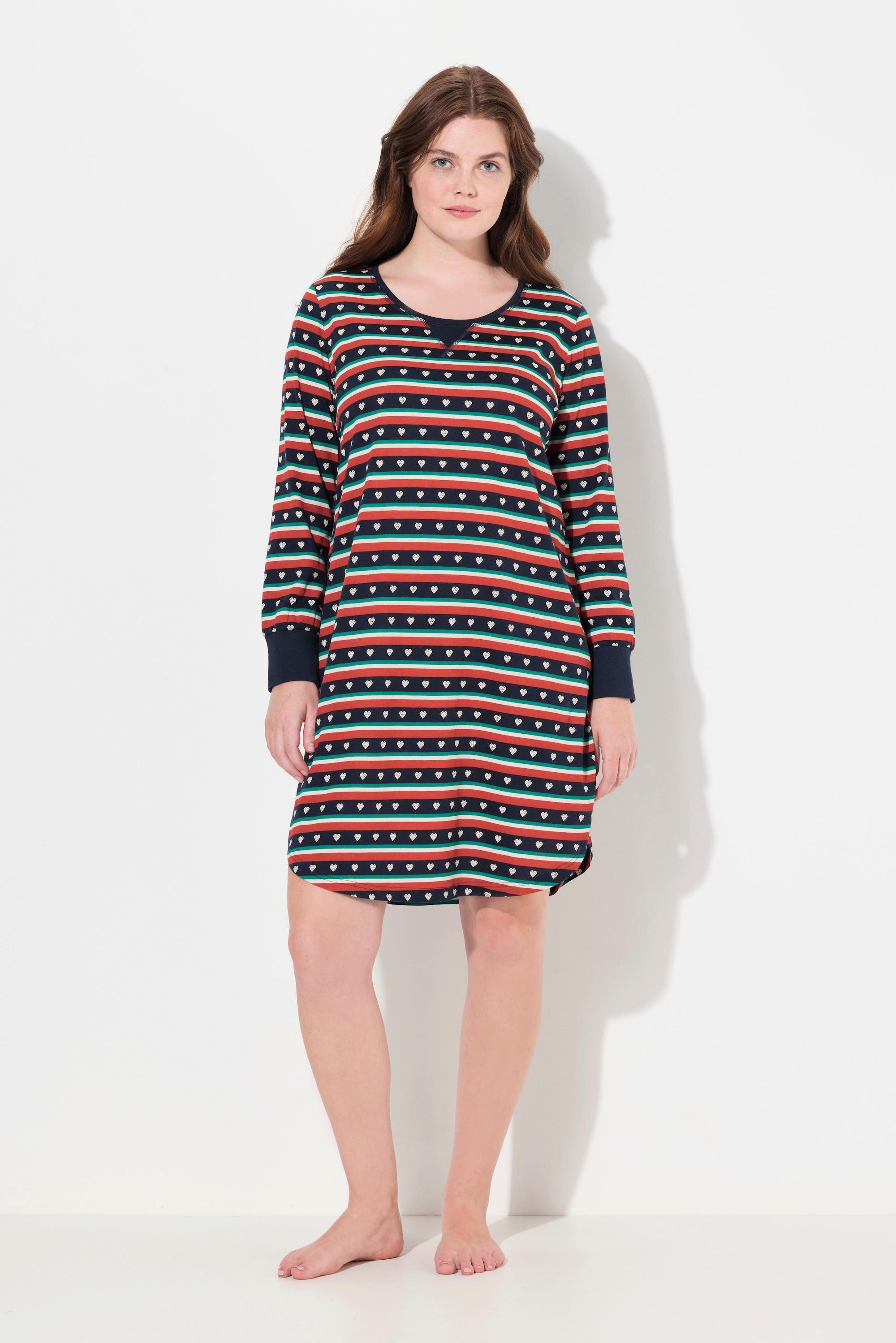 Ulla Popken Nachthemd, Herzstreifen, Rundhals, Langarm, Biobaumwolle