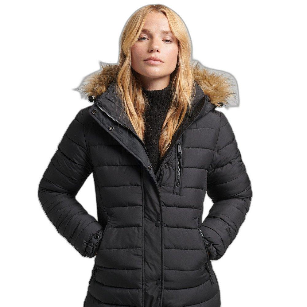 Superdry lange, leichte daunenjacke mit kapuze und kunstpelz, damen