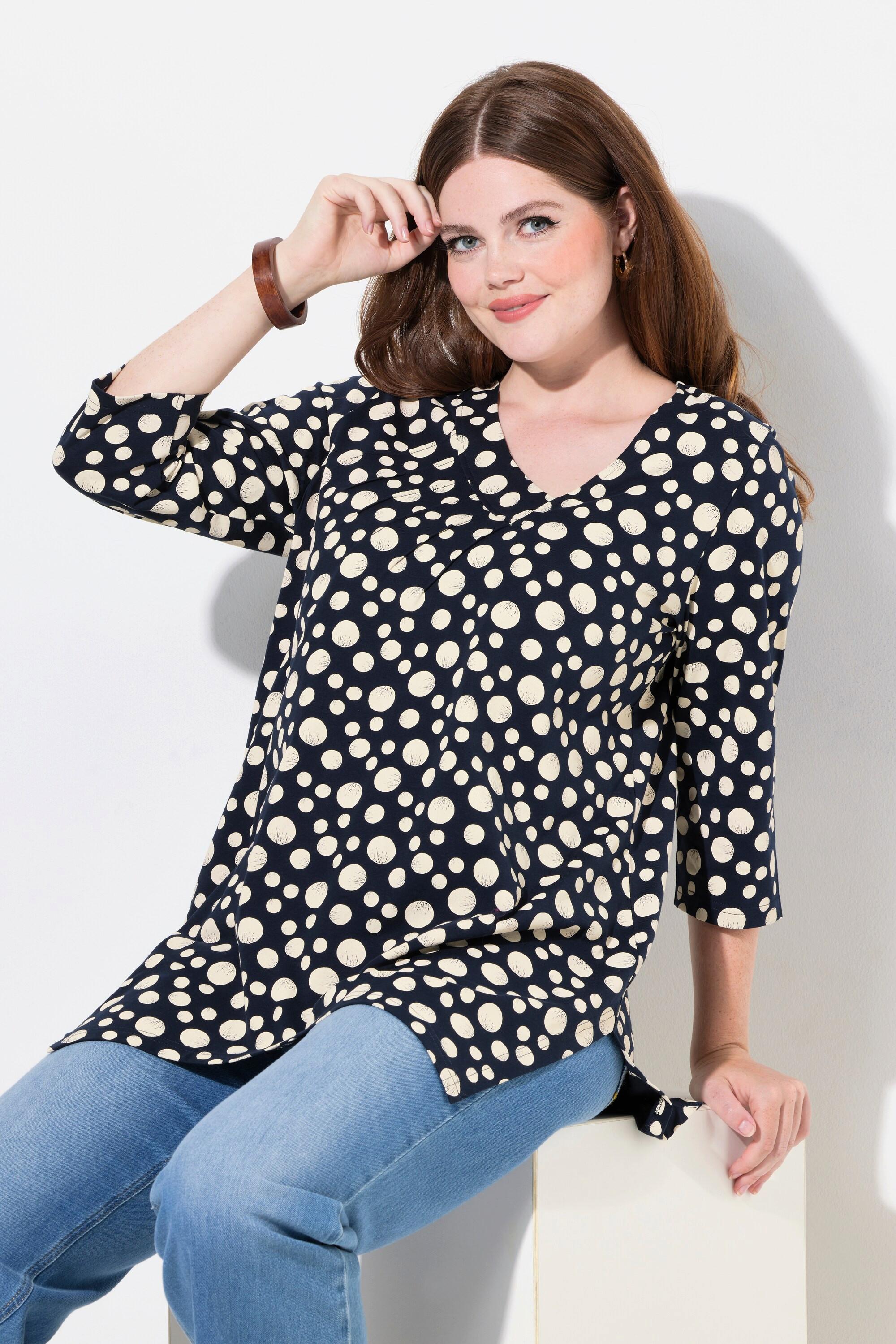 Ulla Popken Polka Dot V-Ausschnitt 3/4 Arm Shirt mit Zipfelsaum