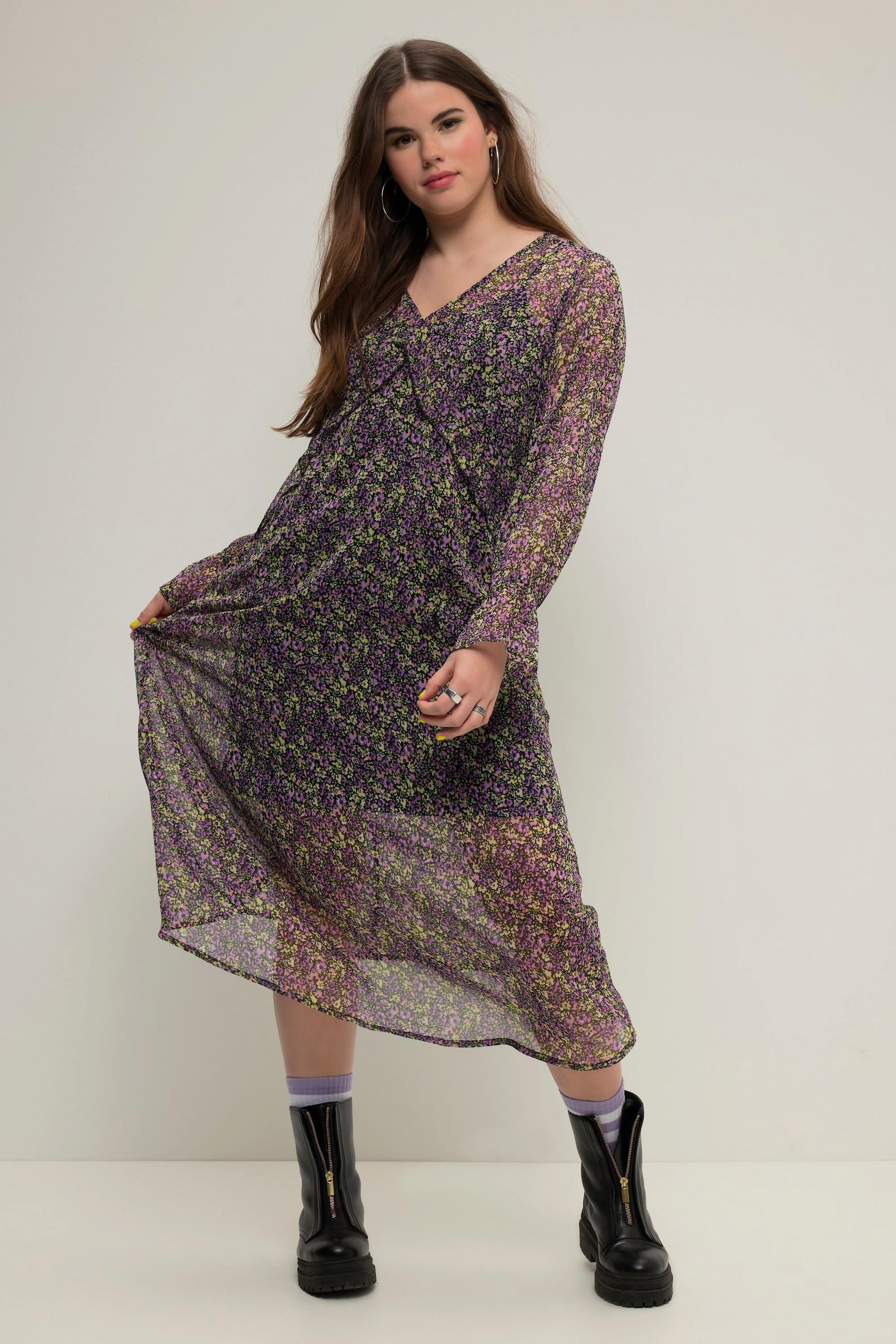 Studio Untold Maxikleid A-Linie Chiffon Minimal Blumen V-Ausschnitt Langarm