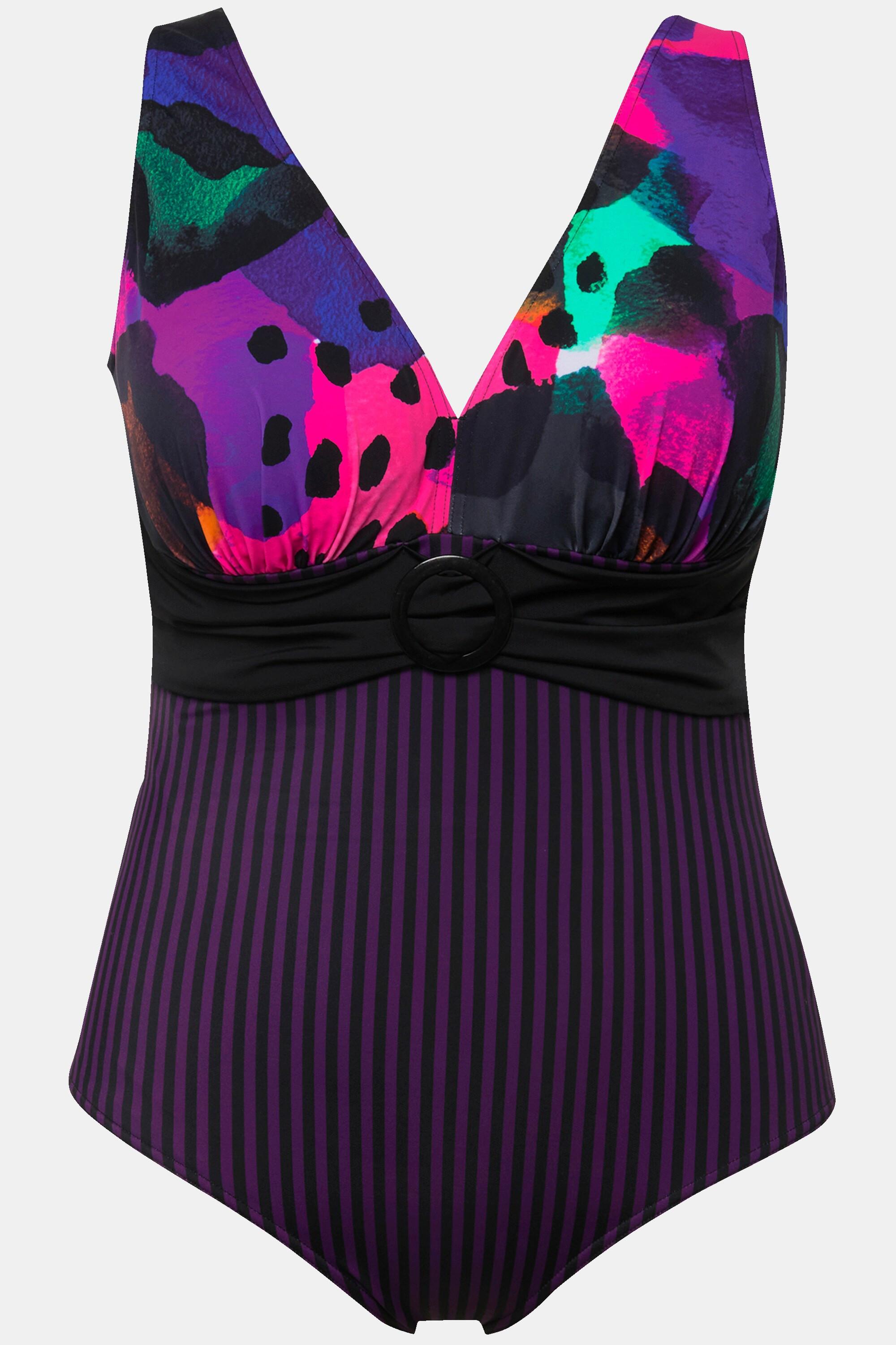 Ulla Popken Badeanzug, Neondruck, Streifen, Softcups, Ring