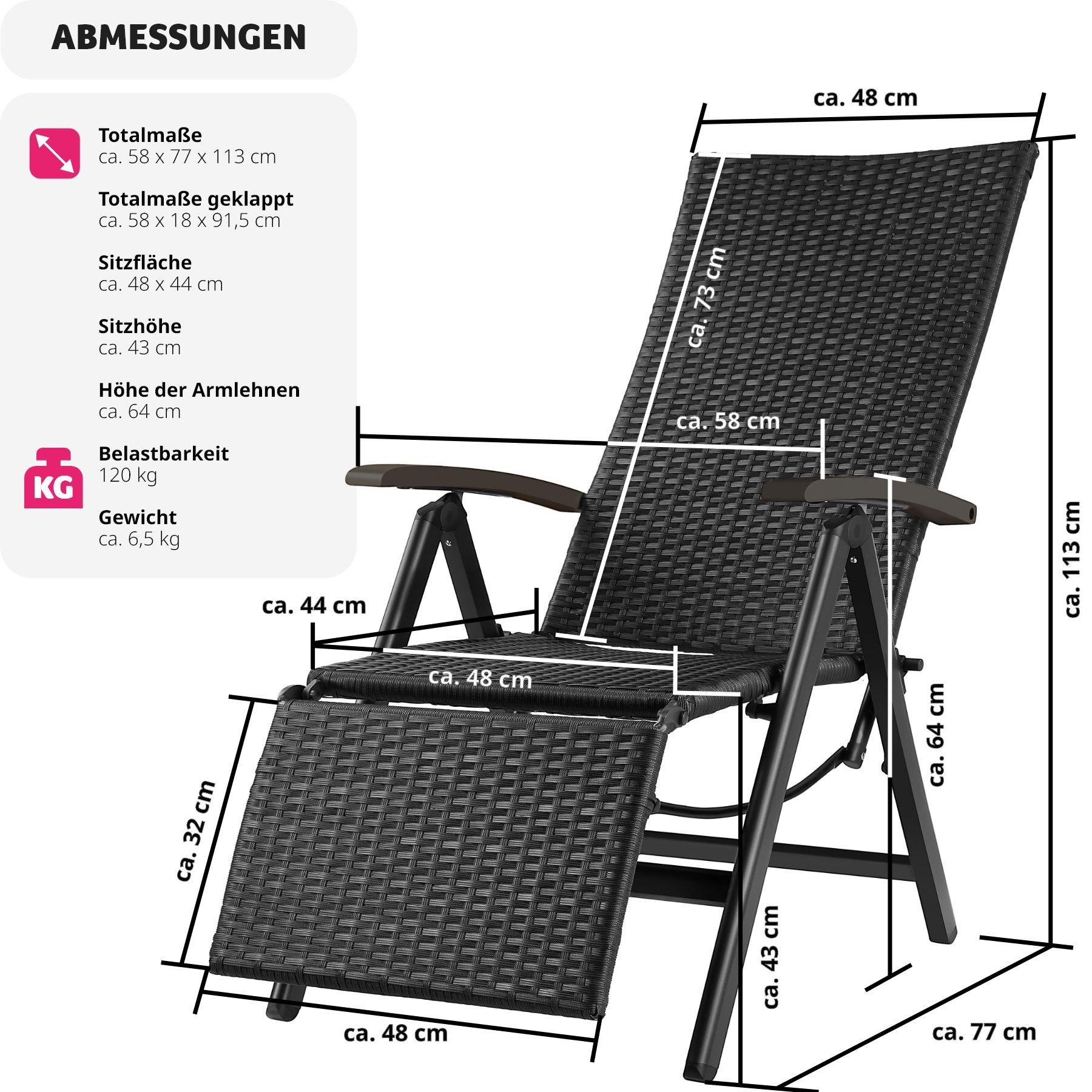 Tectake Rattanstuhl Brisbane klappbar mit Aluminiumgestell und Fussablage