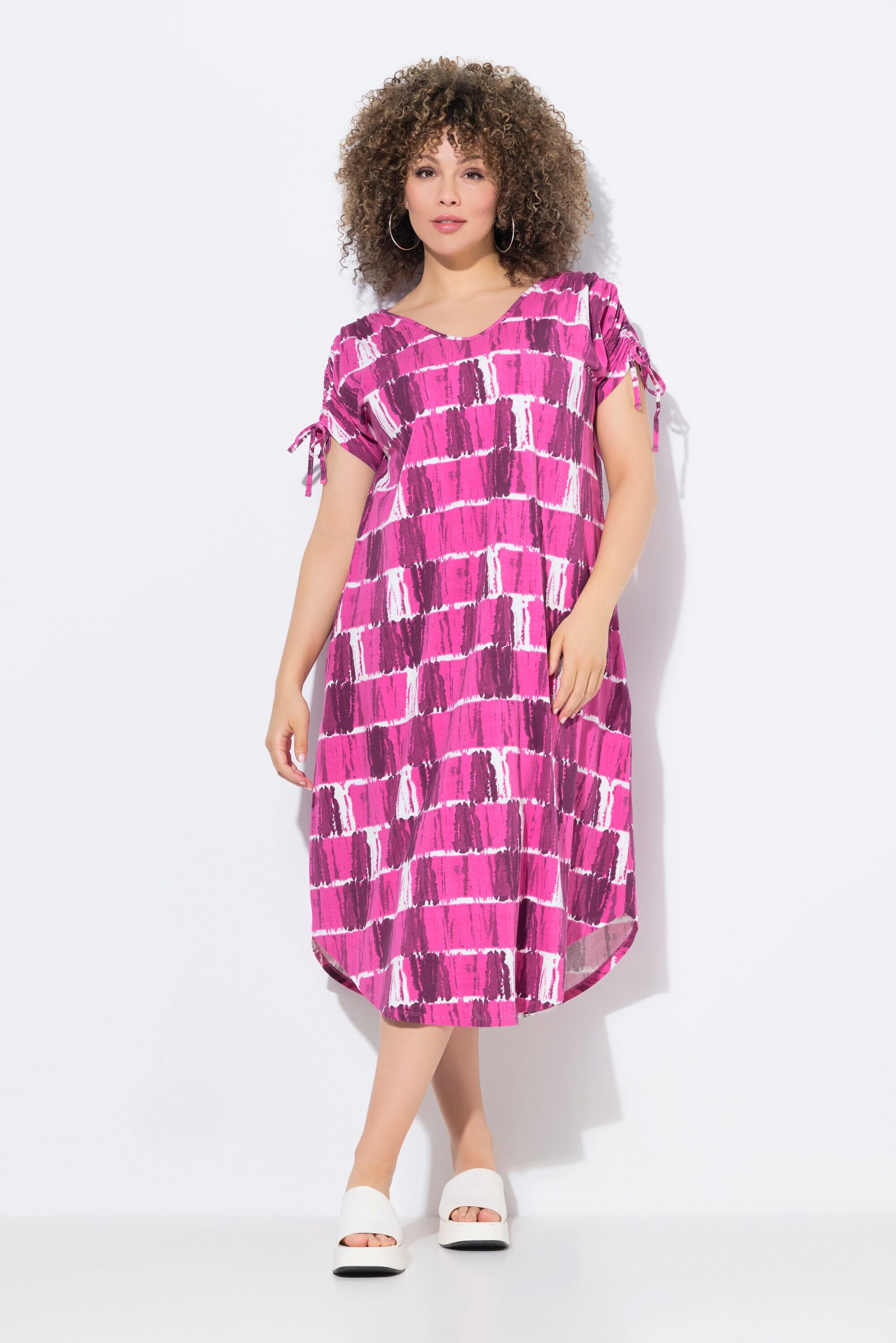 Ulla Popken Midi Jerseykleid mit Batikstreifen V-Ausschnitt Halbarm