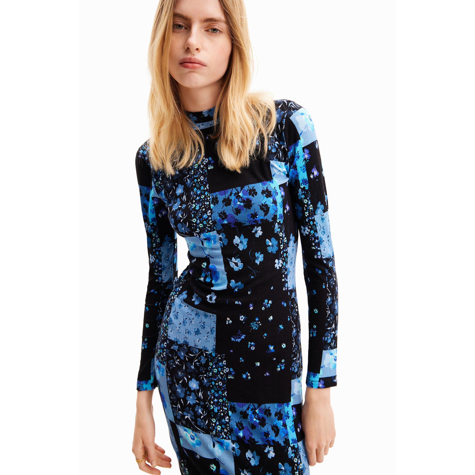 Desigual Geripptes Blumen Slim Fit Midikleid mit langen Ärmeln