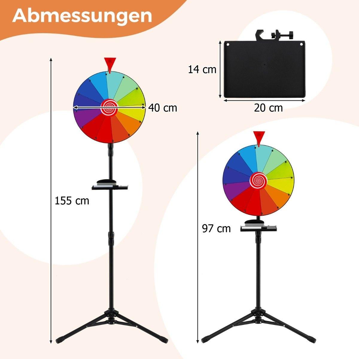 B2X Ø 40 cm Glücksrad mit Dreibein-Bodenständer Höhenverstellbares Preisrad mit Ablage