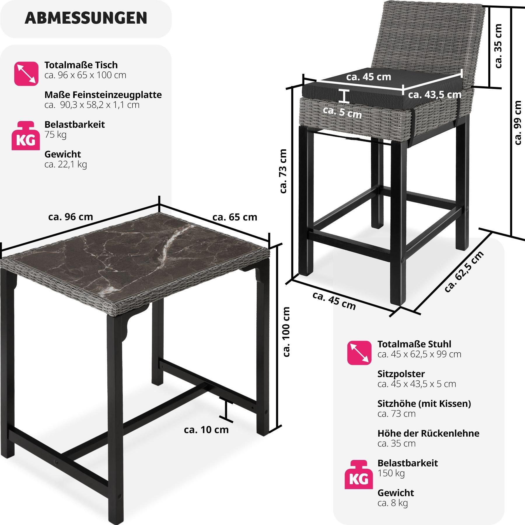 Tectake Rattan Bartisch Kutina mit 2 Stühlen Latina