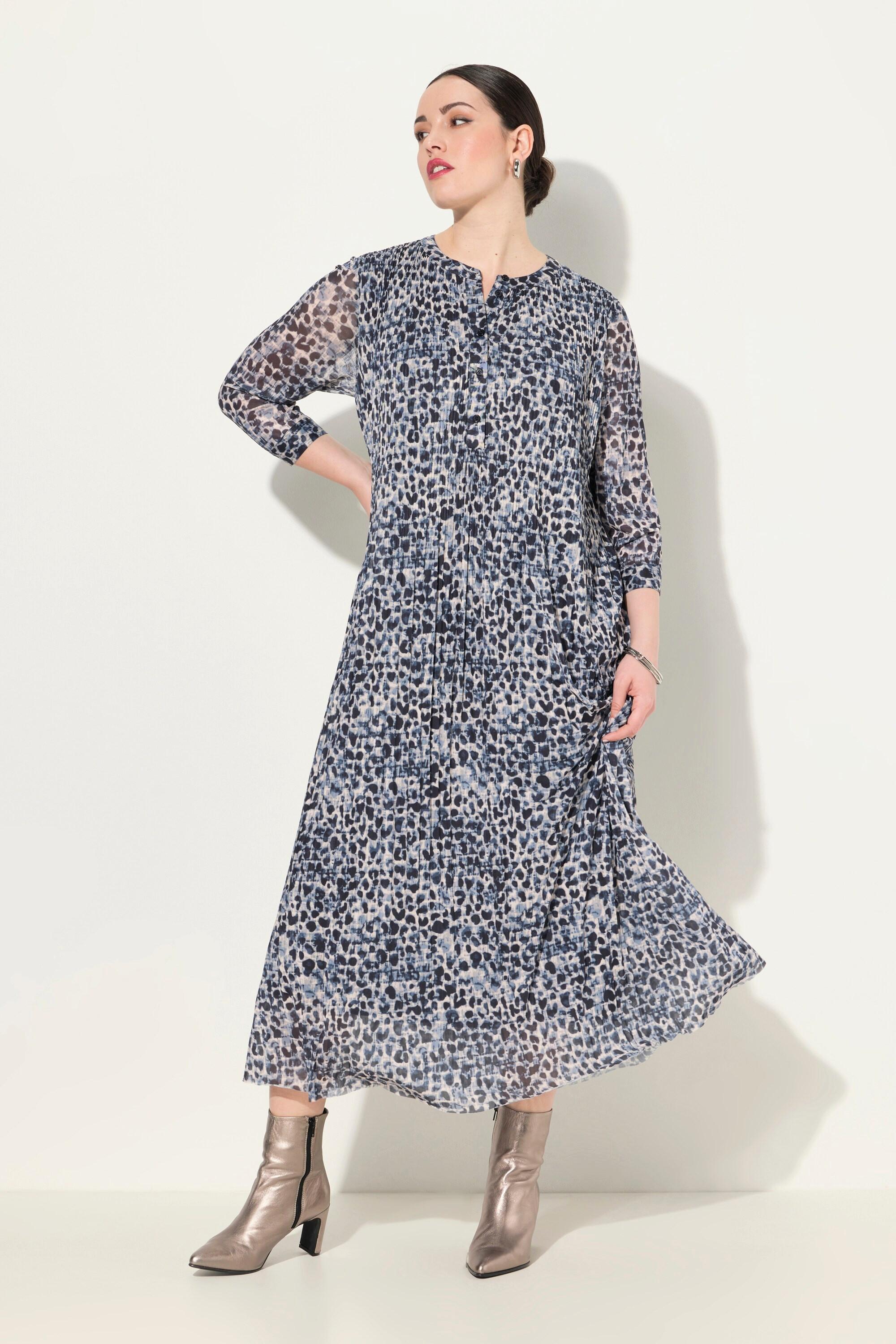 Ulla Popken Mesh Maxikleid Leomuster doppellagig Rundhals 3/4 Arm