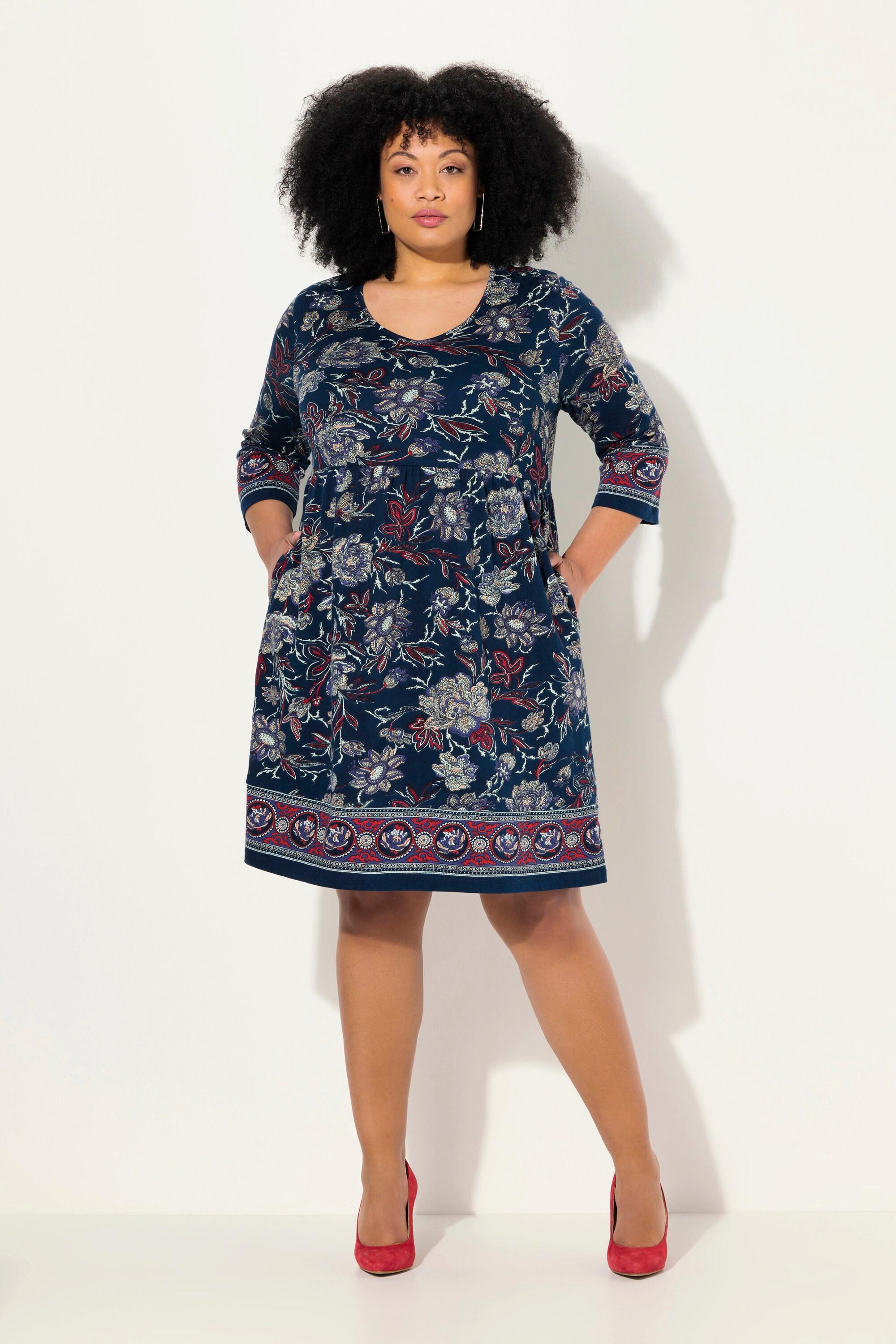 Ulla Popken Jerseykleid Blüten A-Linie V-Ausschnitt 3/4-Arm