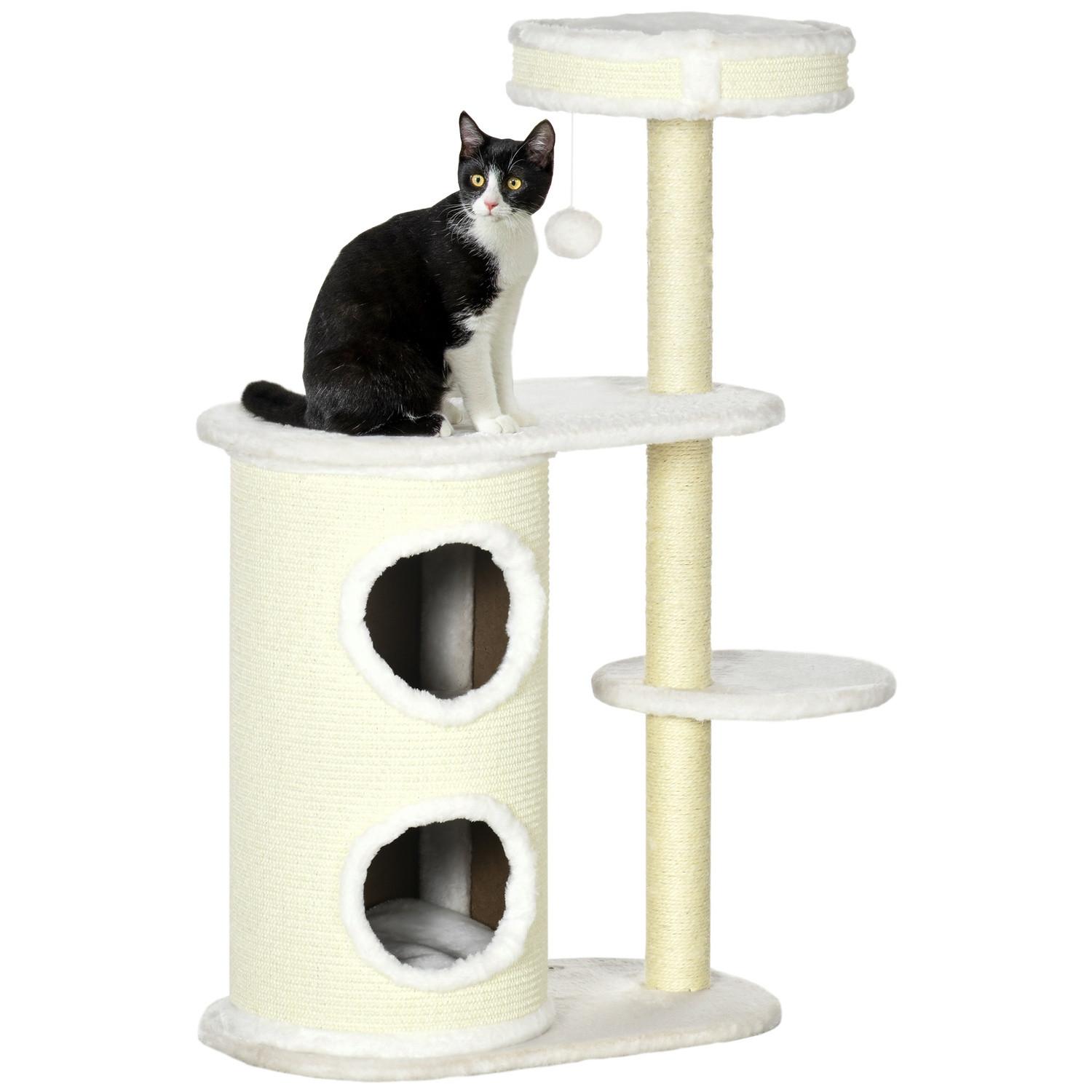 Northio Kratzbaum 100Cm Mit Kratztonne, Sisalsäule & Spielball, Kissen, Cremeweiß