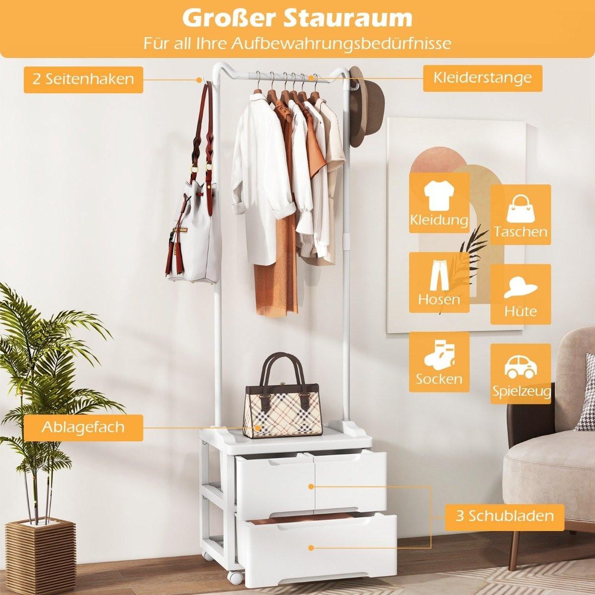 Northix Kleiderständer mit 3 Schubladen Rollbarer Garderobenständer mit seitlichen Haken 46 x 38 x 157 cm