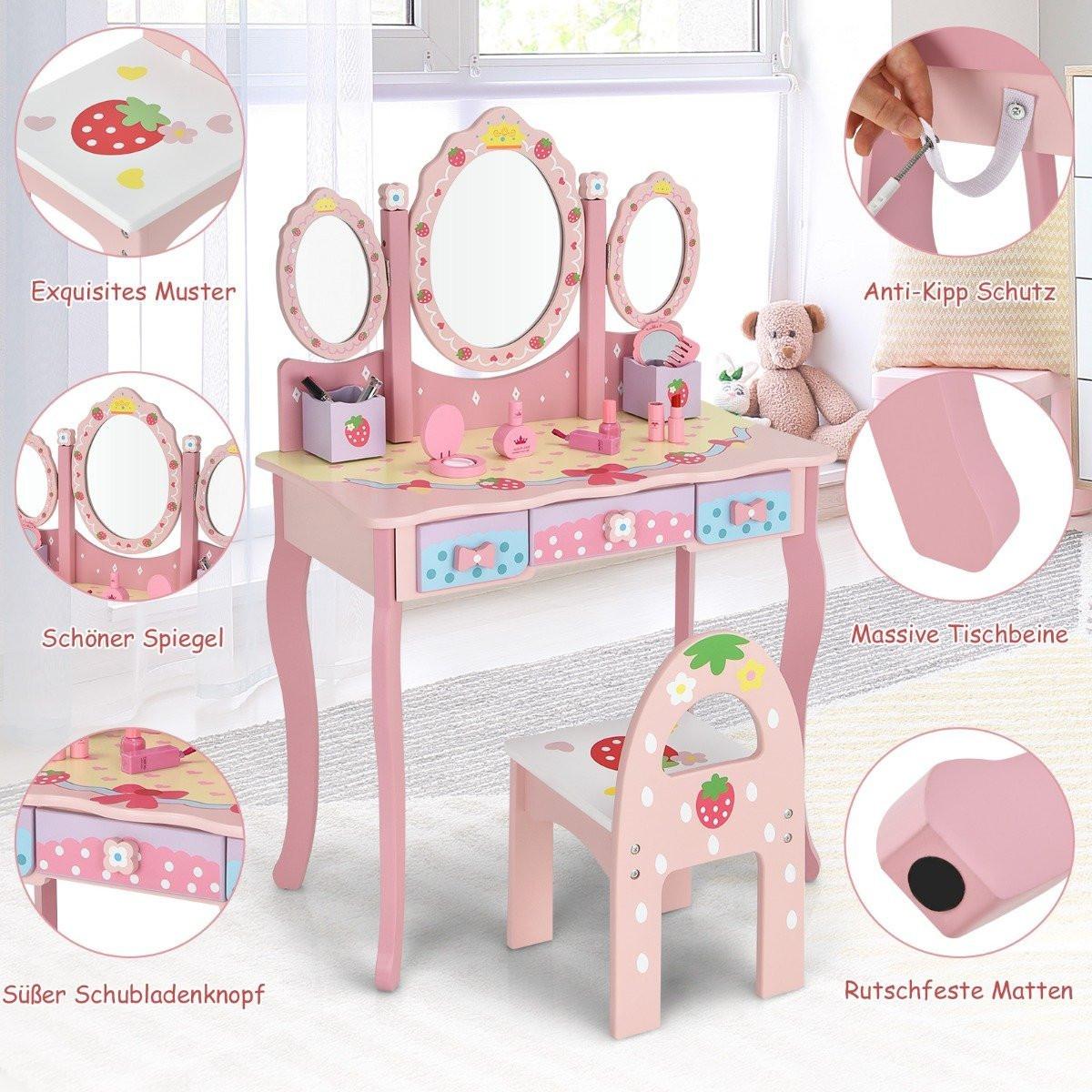 Northix Kinder Schminktisch Kinder Frisier-Set mit Spiegel 70 x 34 x 105 cm Rosa