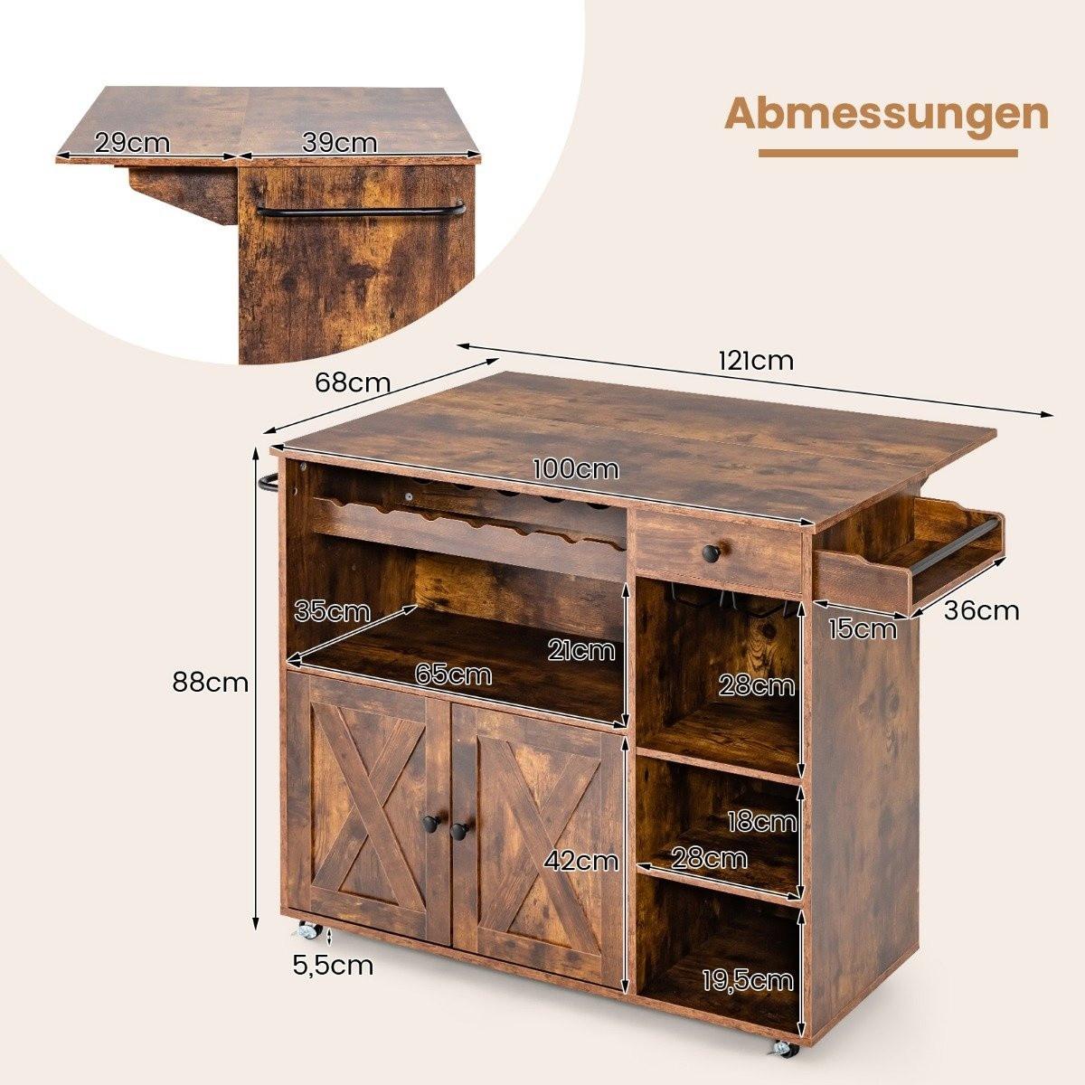Northio Küchenwagen auf Rollen Servierwagen mit klappbarer Arbeitsplatte 121 x 68 x 88 cm Rustikales Braun