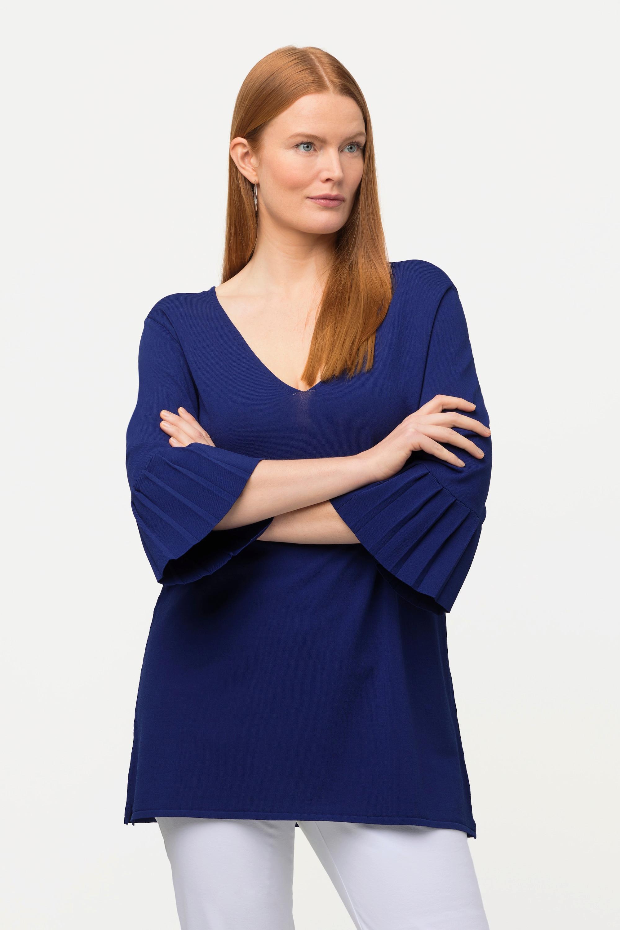 Ulla Popken Pullover, V-Ausschnitt, 3/4-Plissee-Ärmel