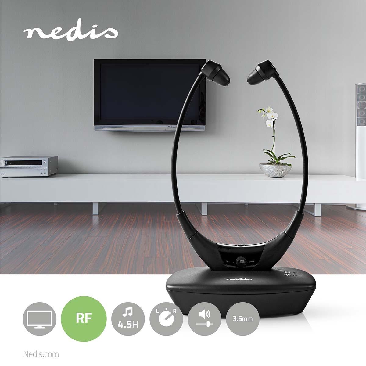 Nedis Drahtlose TV -Kopfhörer | Rf | In-Ear | Maximale Akkulaufzeit: 4,5 Stunden | 35 m | Digital Audio | Batteriepuppe | Gleichgewichtskontrolle | Schwarz