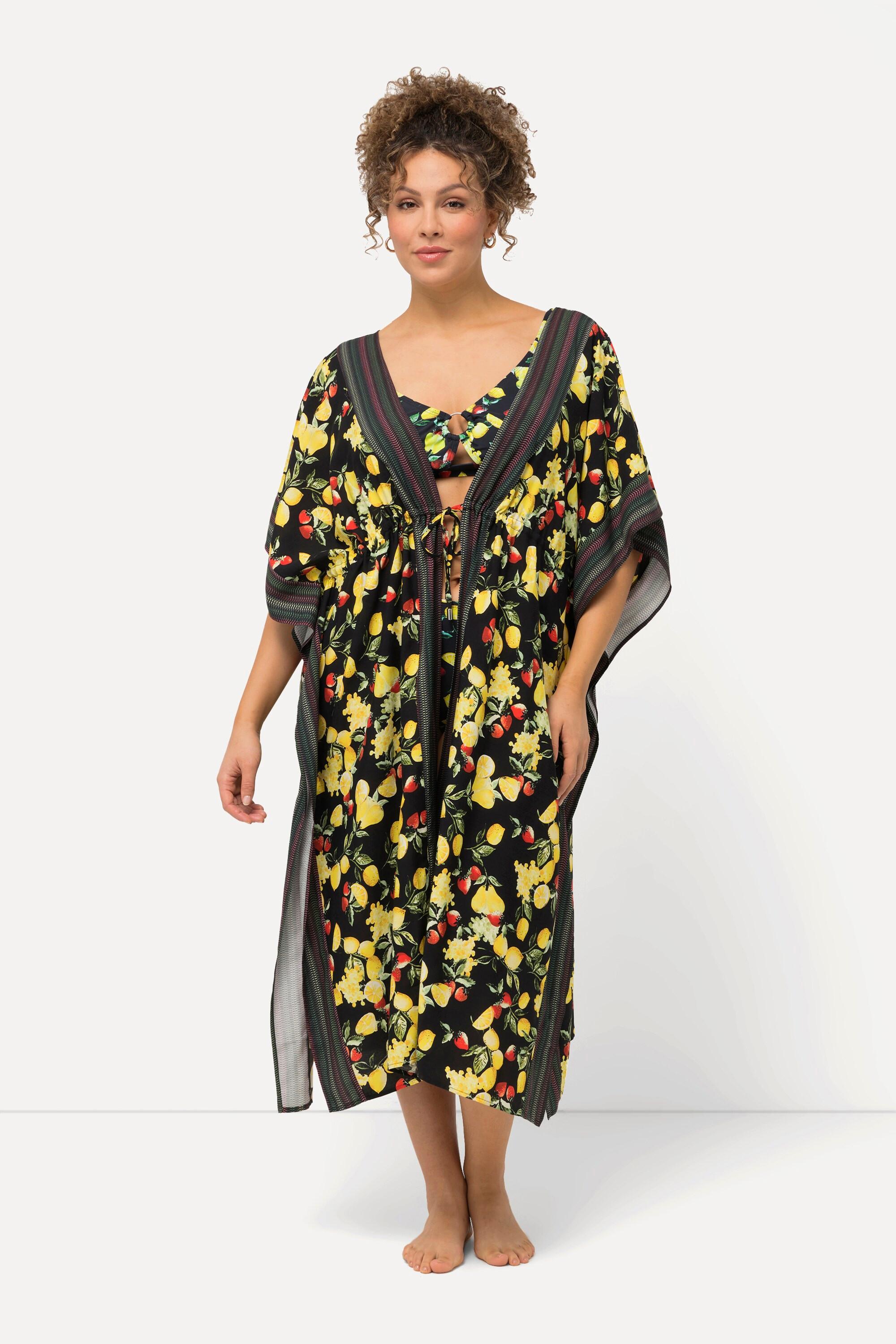 Ulla Popken Zitronen Print Bordüren V-Ausschnitt Halbarm Kaftan