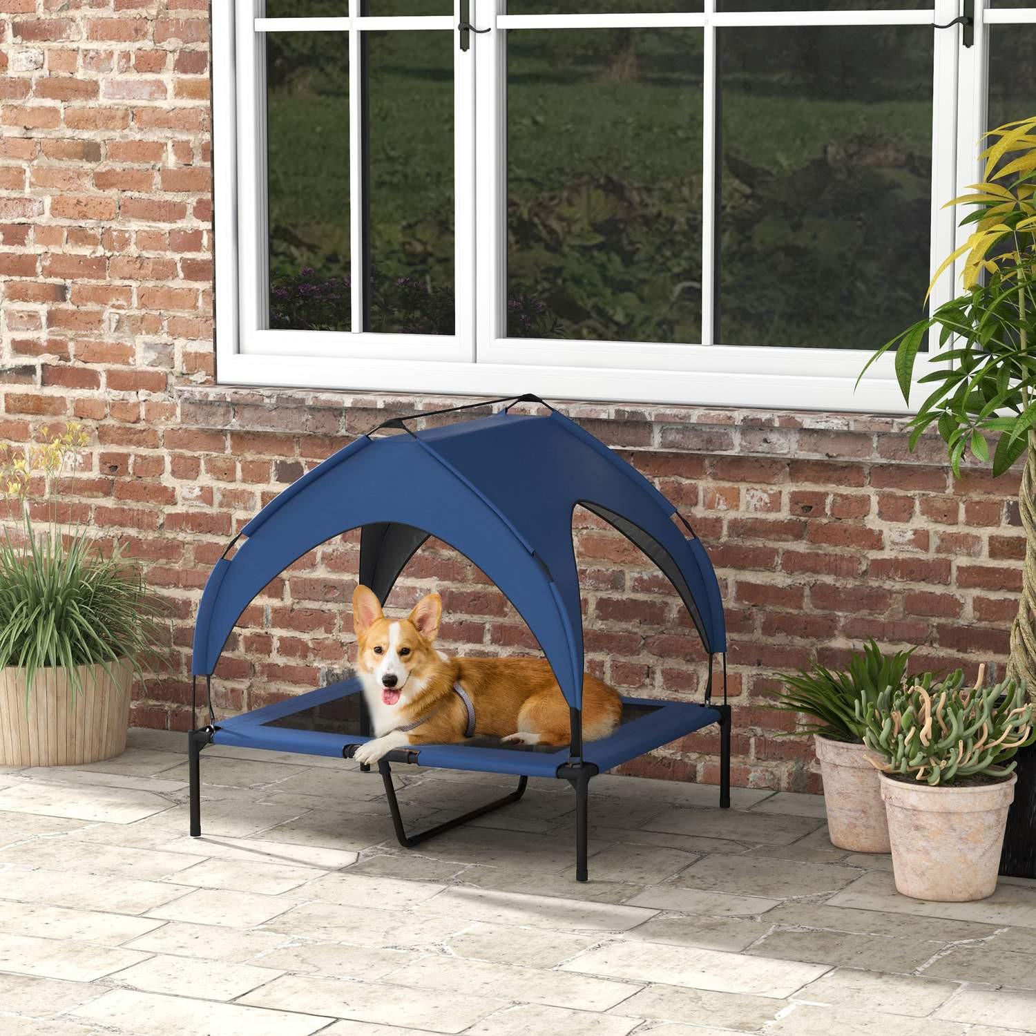 Northio Erhöhtes Hundebett mit Baldachin, Haustierbett, Outdoor Hundeliege mit Dach, Atmungsaktiv, für große Hunde Dunkelblau Oxford 91 x 76 x 89 cm