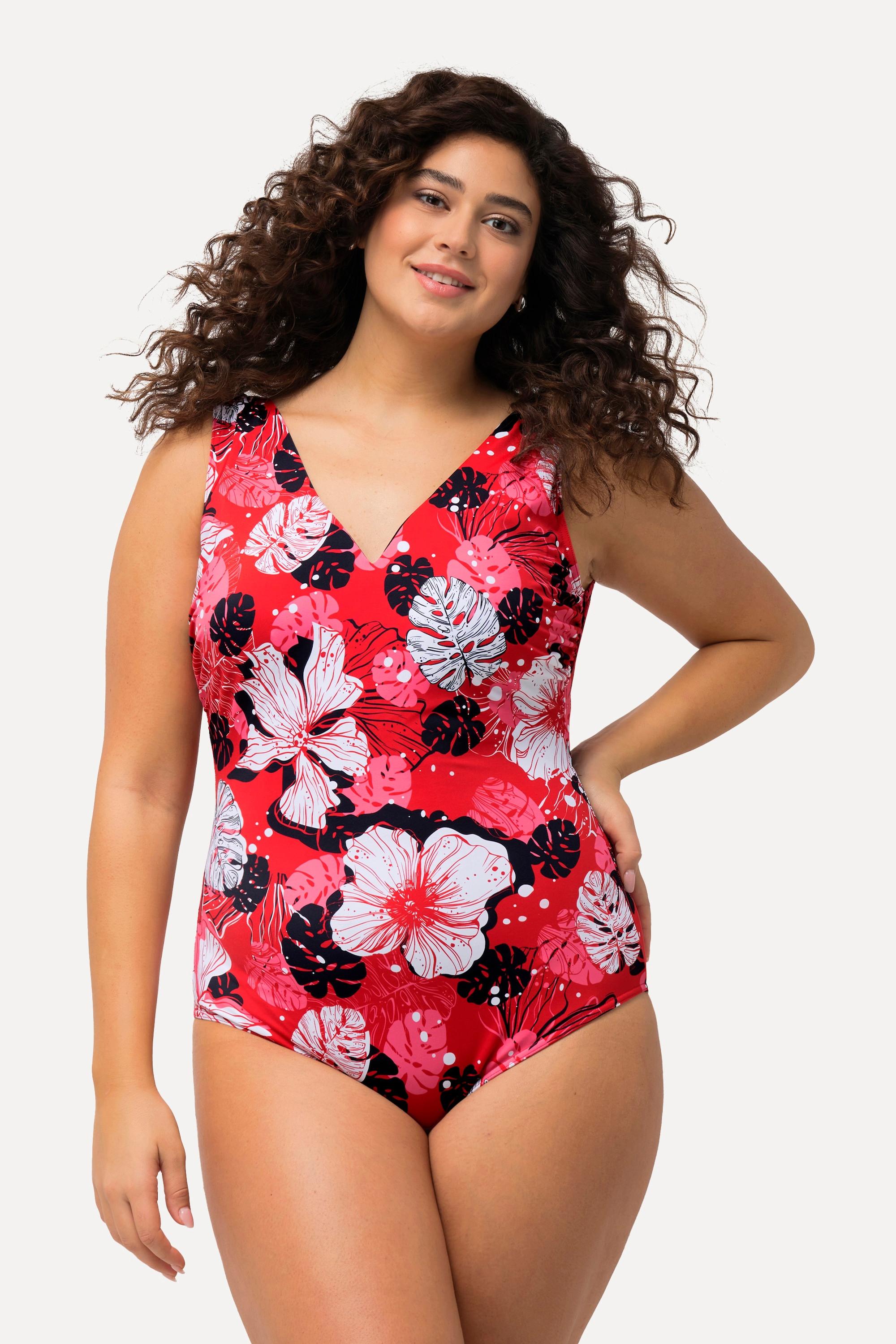 Ulla Popken Badeanzug, Hawaiiblüten, Softcups, V-Ausschnitt