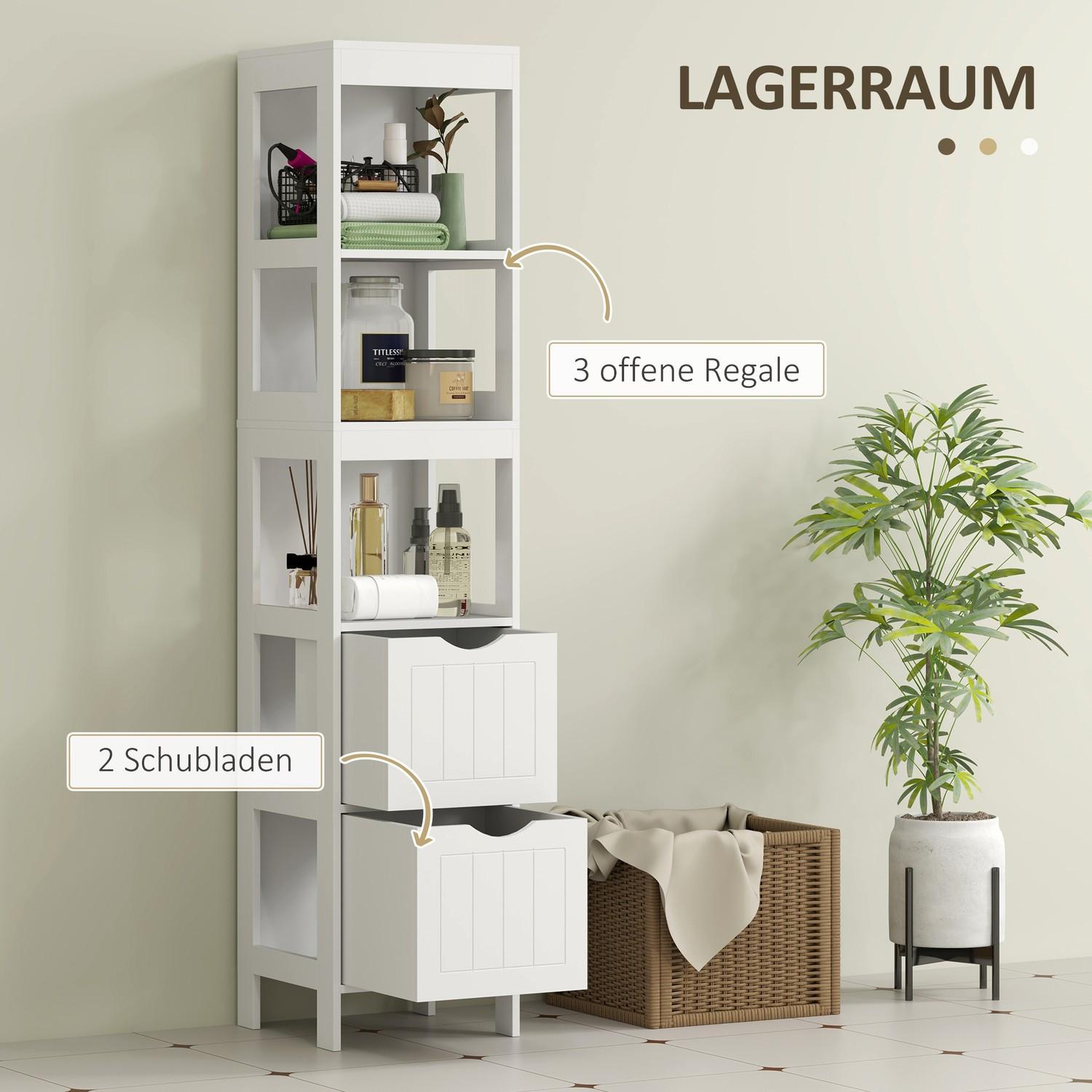 Northio Badezimmerschrank schmal, Hochschrank Toilettenschrank mit 2 Schubladen und 3 offenen Fächern, Badschrank für kleine Räume Badezimmer, Wohnzimmer 30 x 30 x 141,2 cm Weiß Aosom