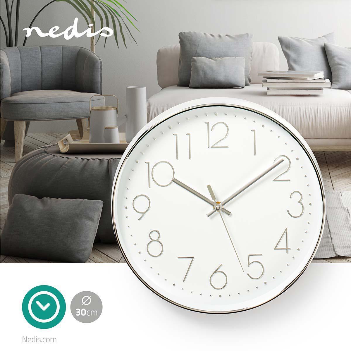 Nedis Wanduhr | Durchmesser: 300 mm | Kunststoff | Silber / Weiß