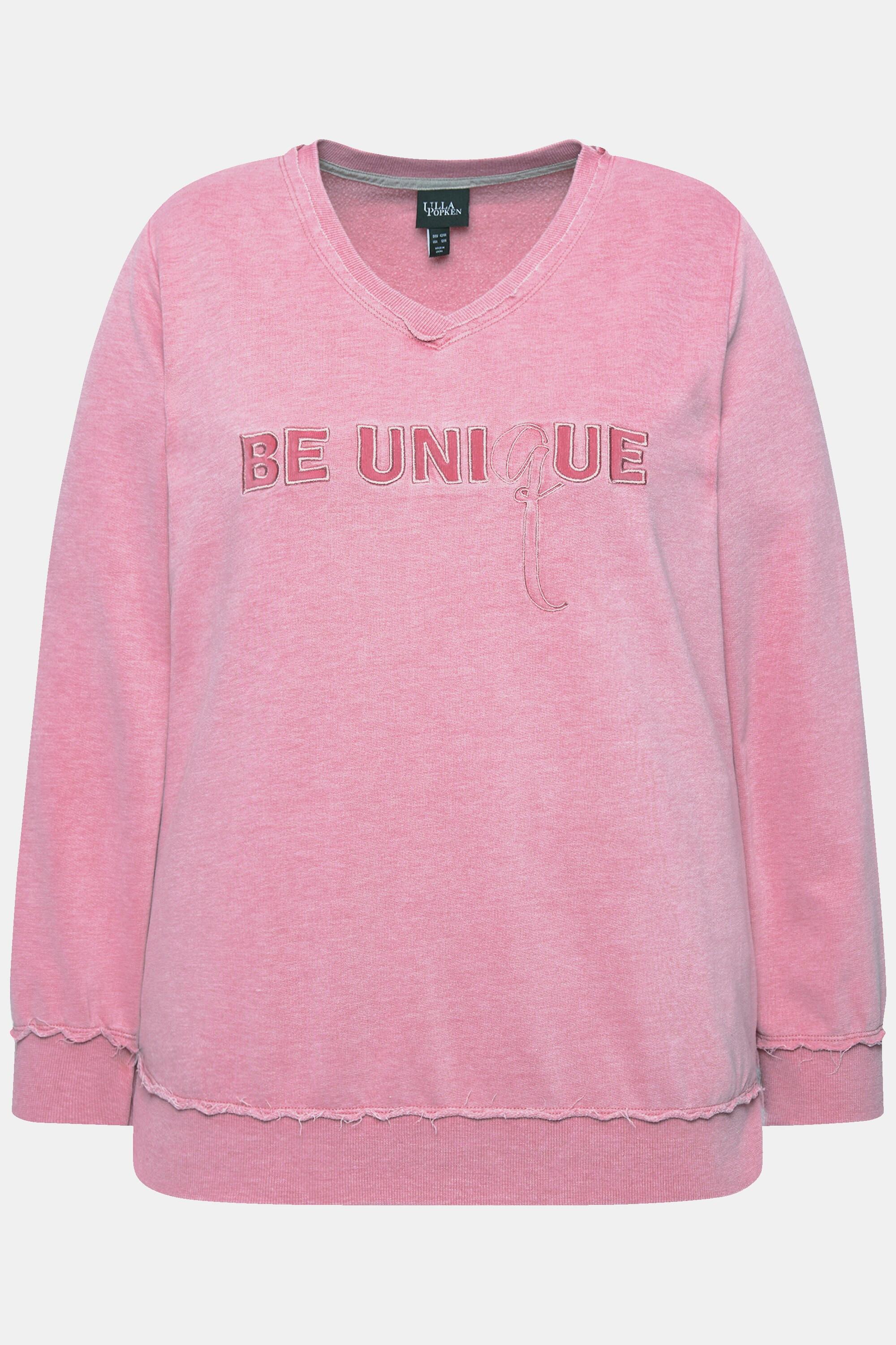 Ulla Popken Sweat-Pullover, Schriftzug, V-Ausschnitt, Langarm